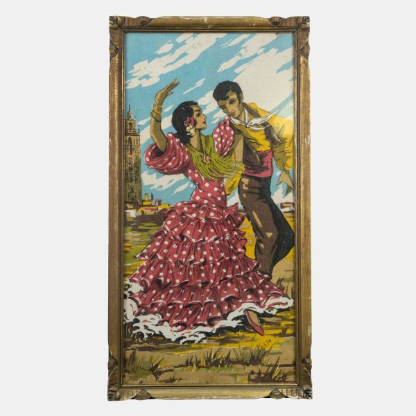Tablou vintage din material textil incadrat cu rama din lemn cu motiv flamenco Decoratiuni