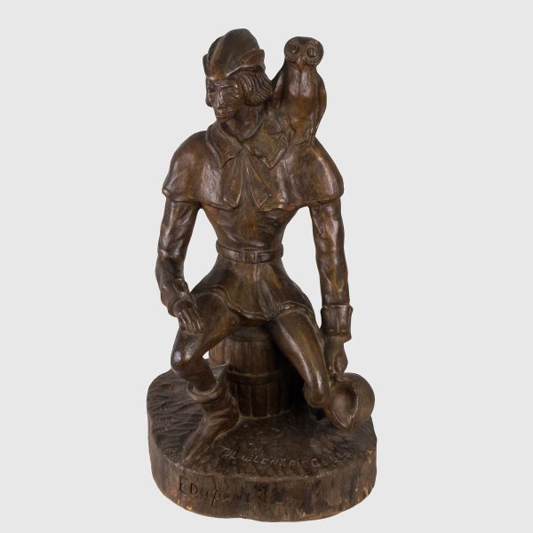 Statueta sculptata manual din lemn cu reprezentarea lui Til Uilenspiegel semnata de E. Duponi Decoratiuni