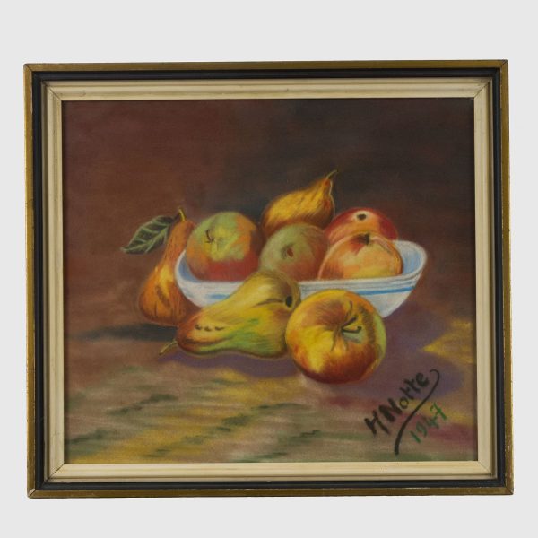 Tablou pictat in acuarela cu rama din lemn si motivul vasului cu fructe semnat H. Notte anul 1947 Decoratiuni