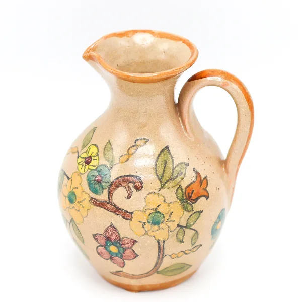 Vaza pentru flori tip ulcioras pictat manual in acuarela cu motiv floral in Germania anii 70 Decoratiuni