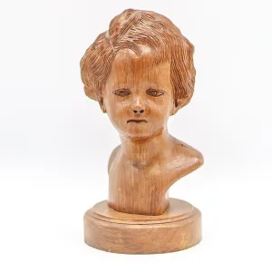Bust din lemn sculptat manual cu chipul unui copil model unicat Decoratiuni