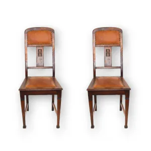 Pereche 2 scaune stilul Louis XVI din lemn și piele anii 30 Franța Mobilier
