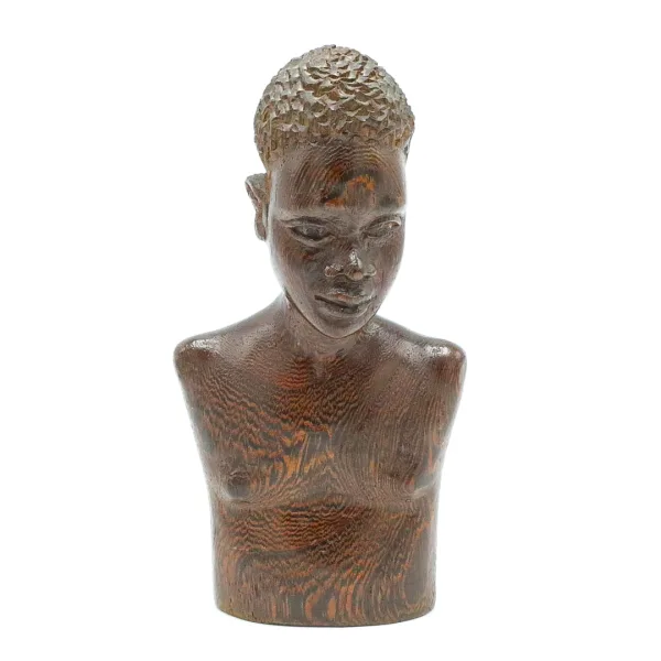 Bust vintage din lemn sculptat manual cu chipul unei tinere africane  anii 50-60 Decoratiuni