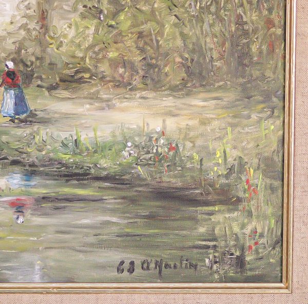 Tablou semnat, pictat în ulei pe canvas cu motivul casei de pe râu Belgia anul 1968 Decoratiuni