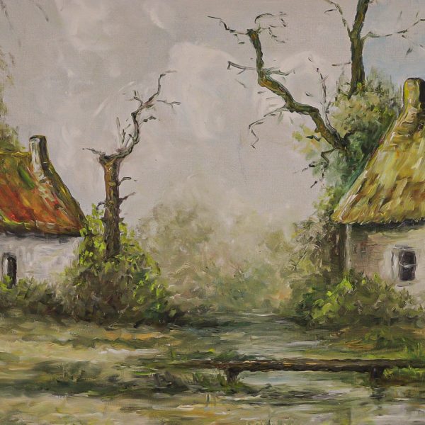 Tablou semnat, pictat în ulei pe canvas cu motivul casei de pe râu Belgia anul 1968 Decoratiuni