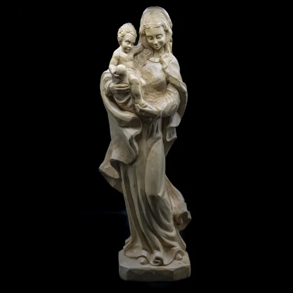 Statuetă sculptată manual din lemn cu înfățișarea Maicii Domnului și a pruncului Iisus Decoratiuni
