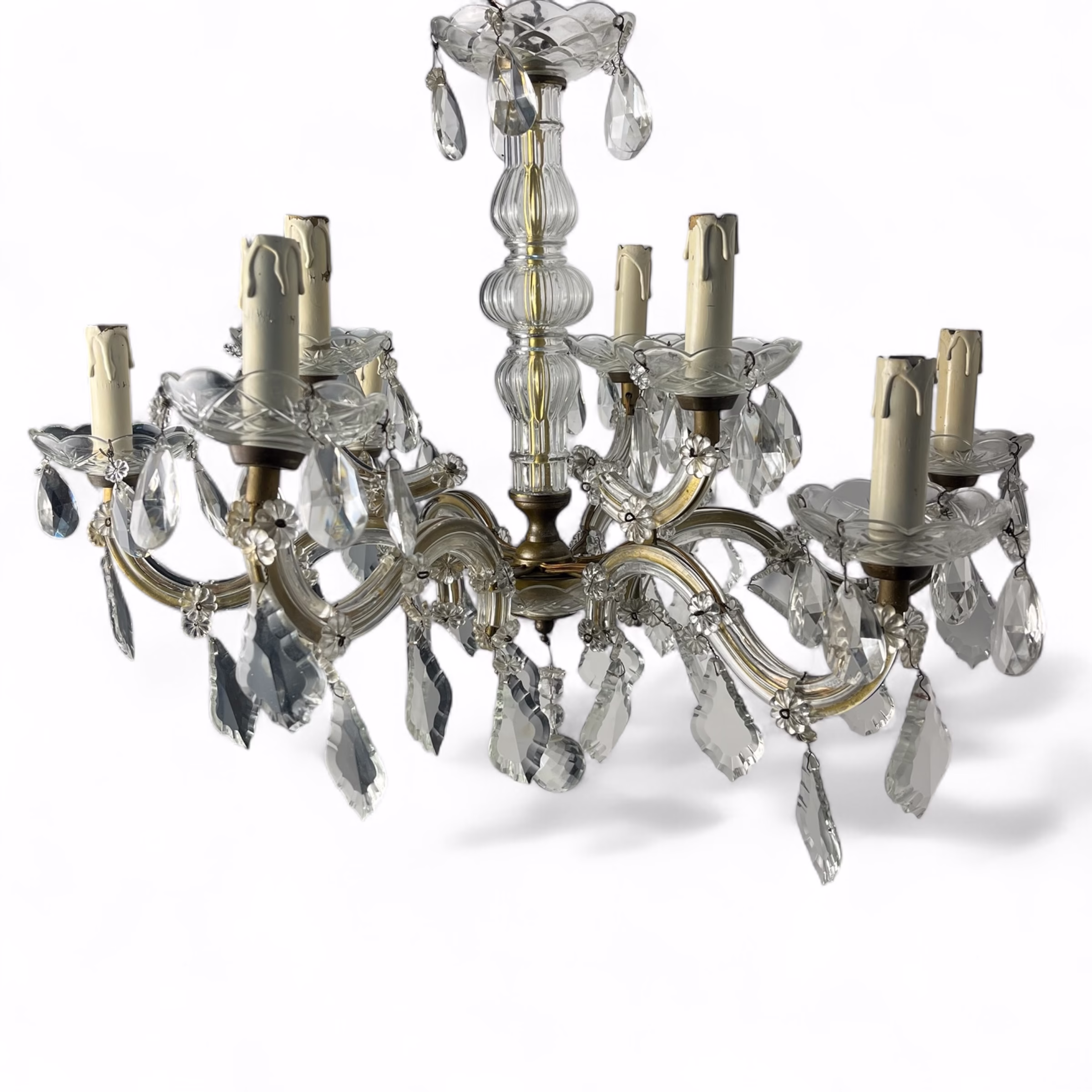 Candelabru vintage cu 9 brațe din sticlă și alamă, decorat cu cristale fațetate
