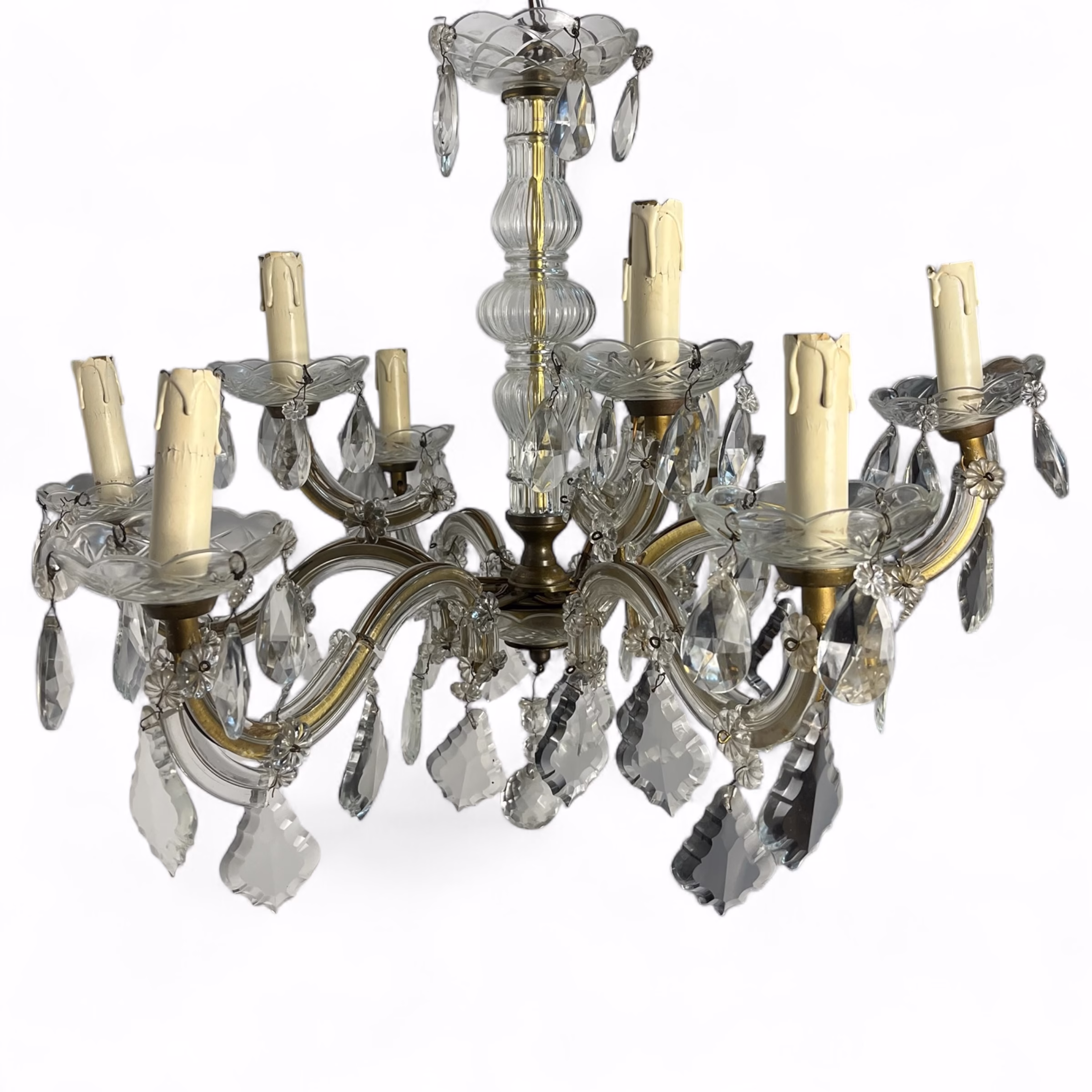 Candelabru vintage cu 9 brațe din sticlă și alamă, decorat cu cristale fațetate Candelabre