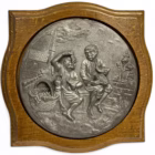 Plachetă decorativă vintage din metal pe suport de lemn – scenă rustică în relief Decoratiuni