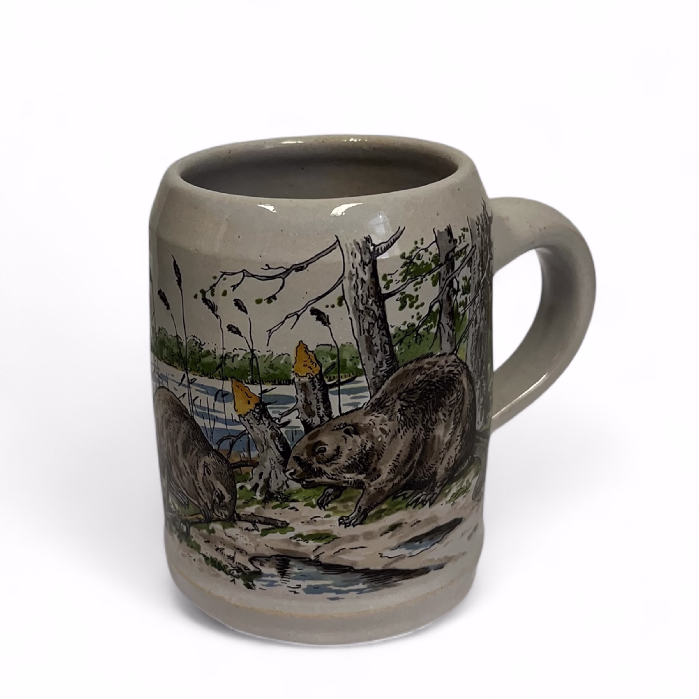 Halbă germană din ceramică pictată manual – decor naturalist cu castori, Westerwald, sec. XX Cani