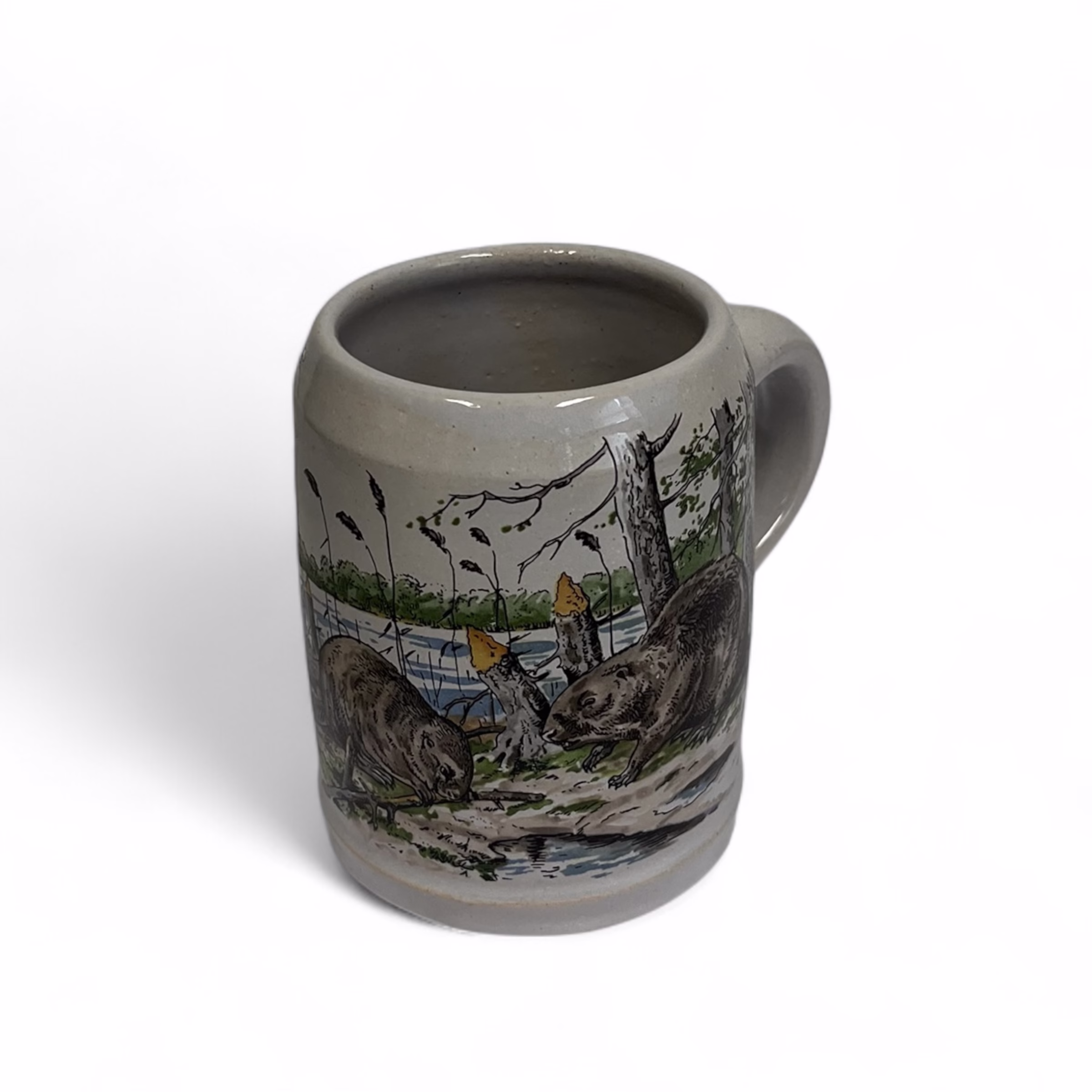 Halbă germană din ceramică pictată manual – decor naturalist cu castori, Westerwald, sec. XX