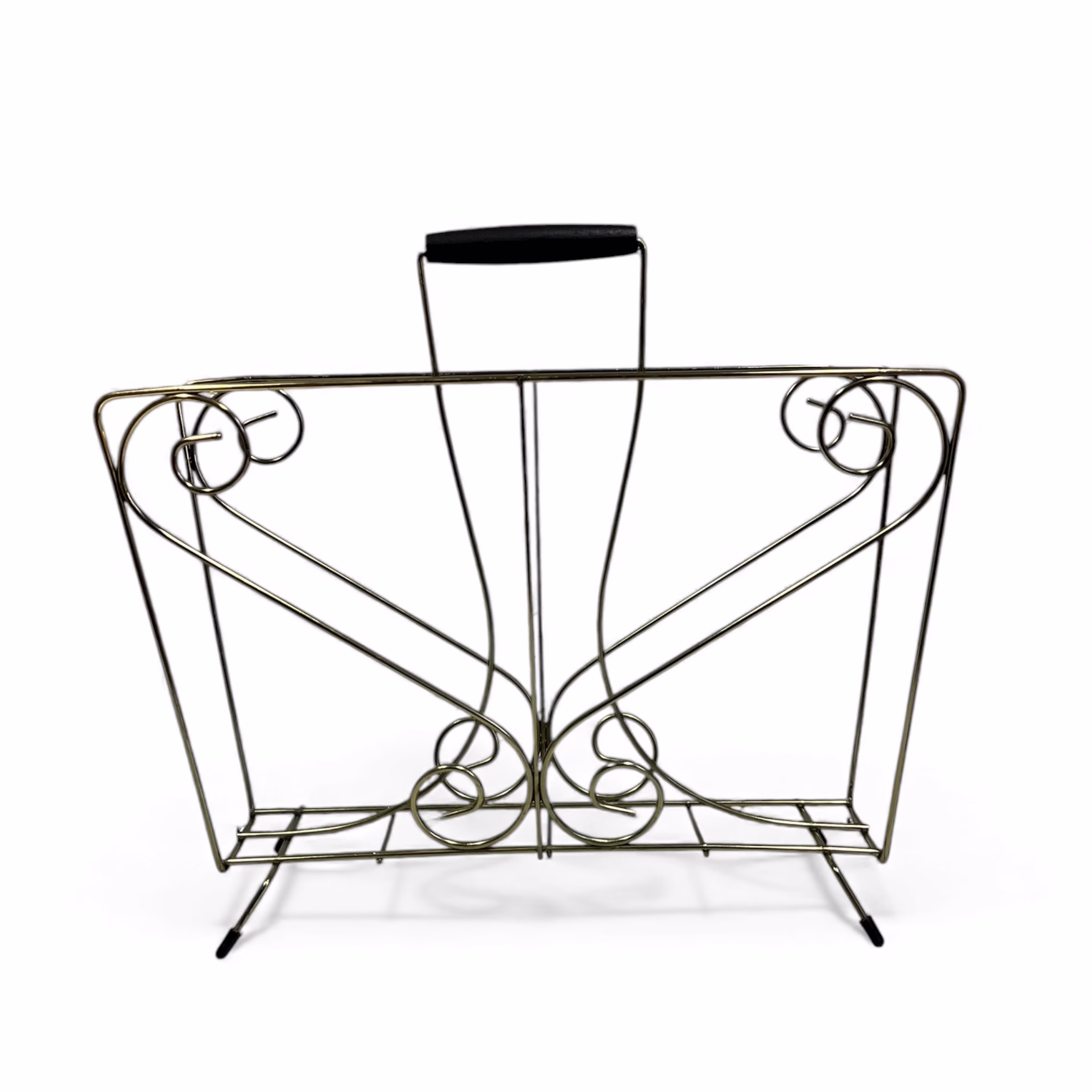 Suport reviste vintage Mid-Century din metal auriu, model cu volute Decoratiuni