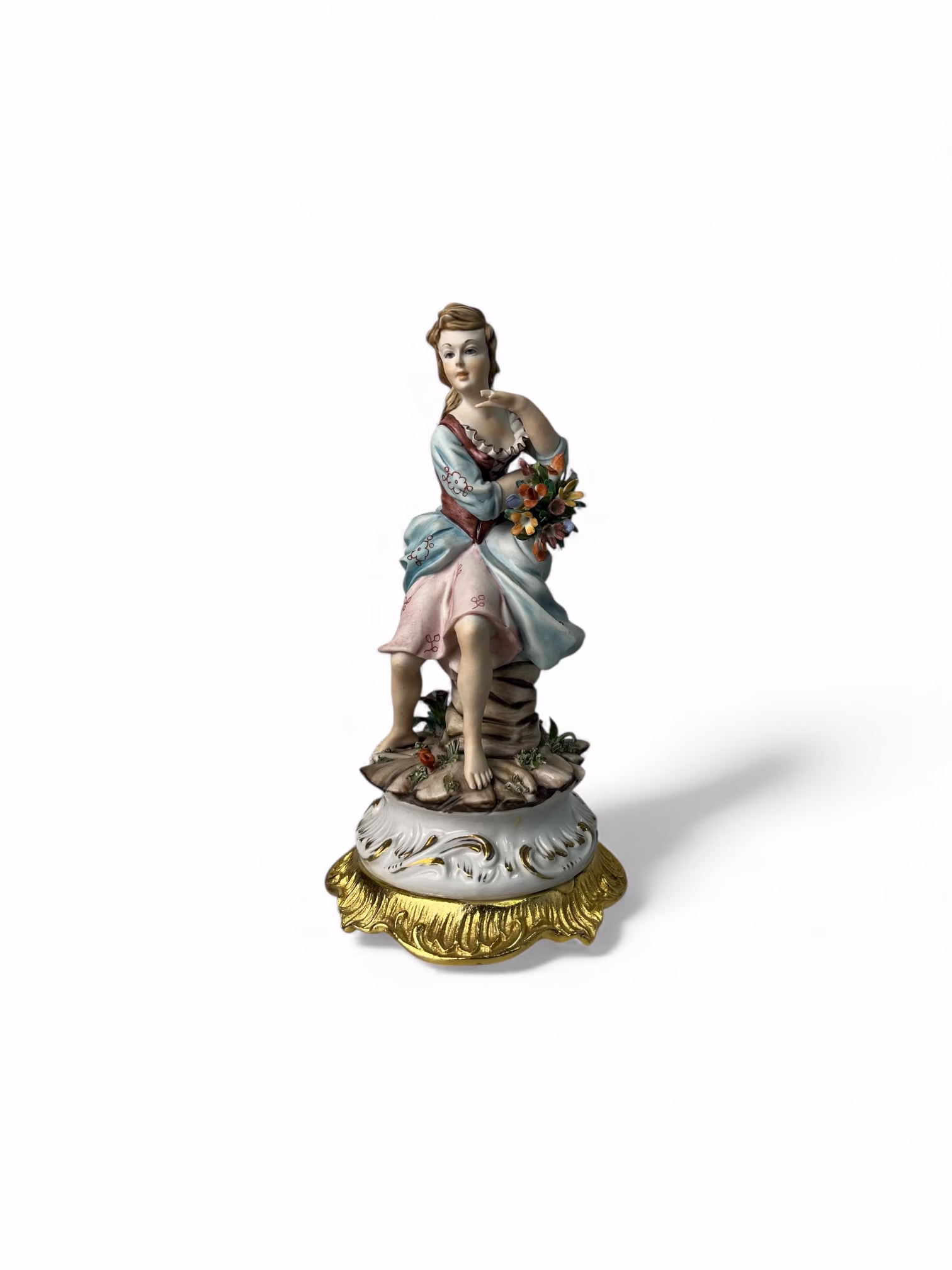 Figurină Capodimonte Carpie „Tânără cu flori” din porțelan pictat manual-Italia