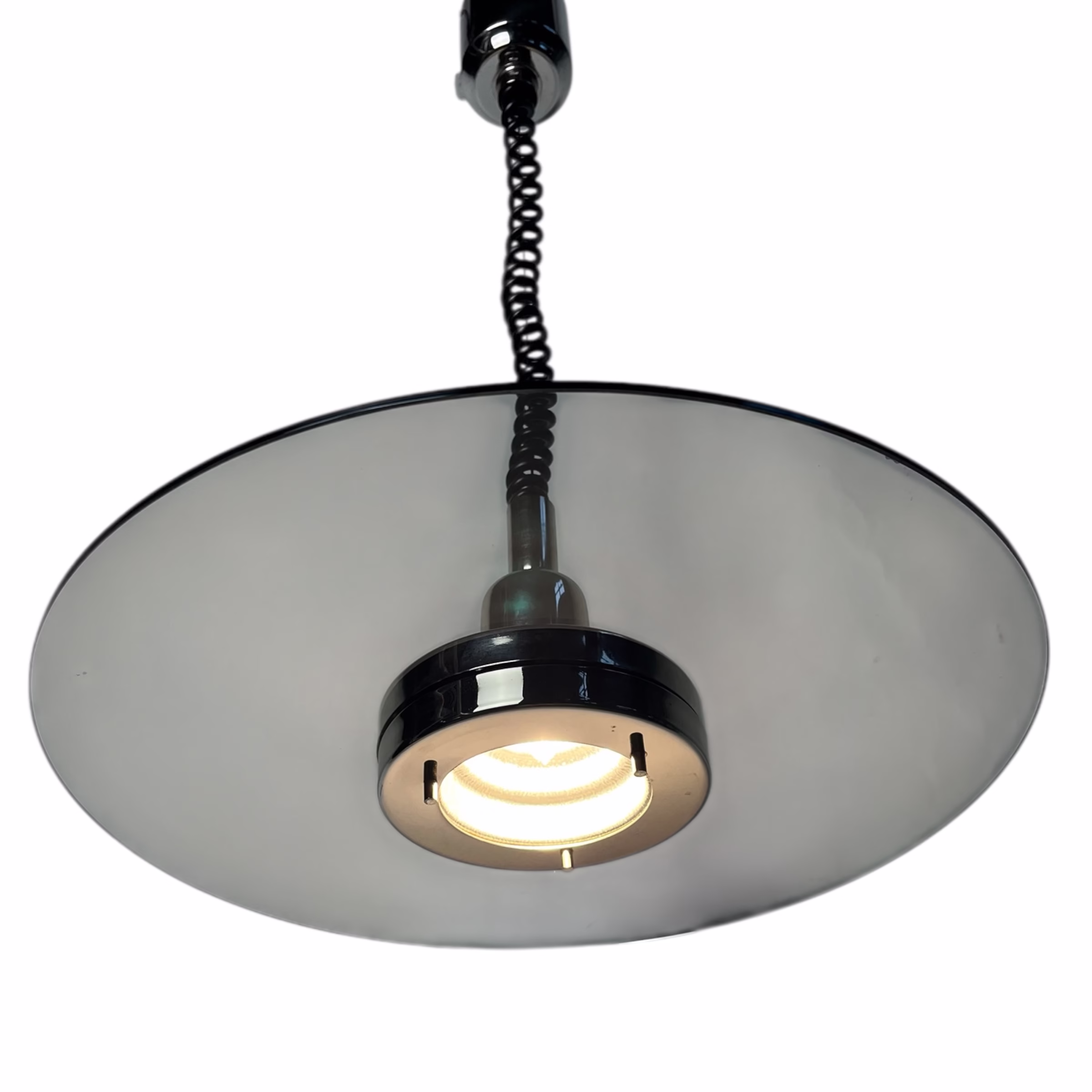 Lustră suspendată Mid-Century modern Holtkötter, inox și sticlă fumurie, reglabilă pe înălțime și intensitate Corpuri de iluminat