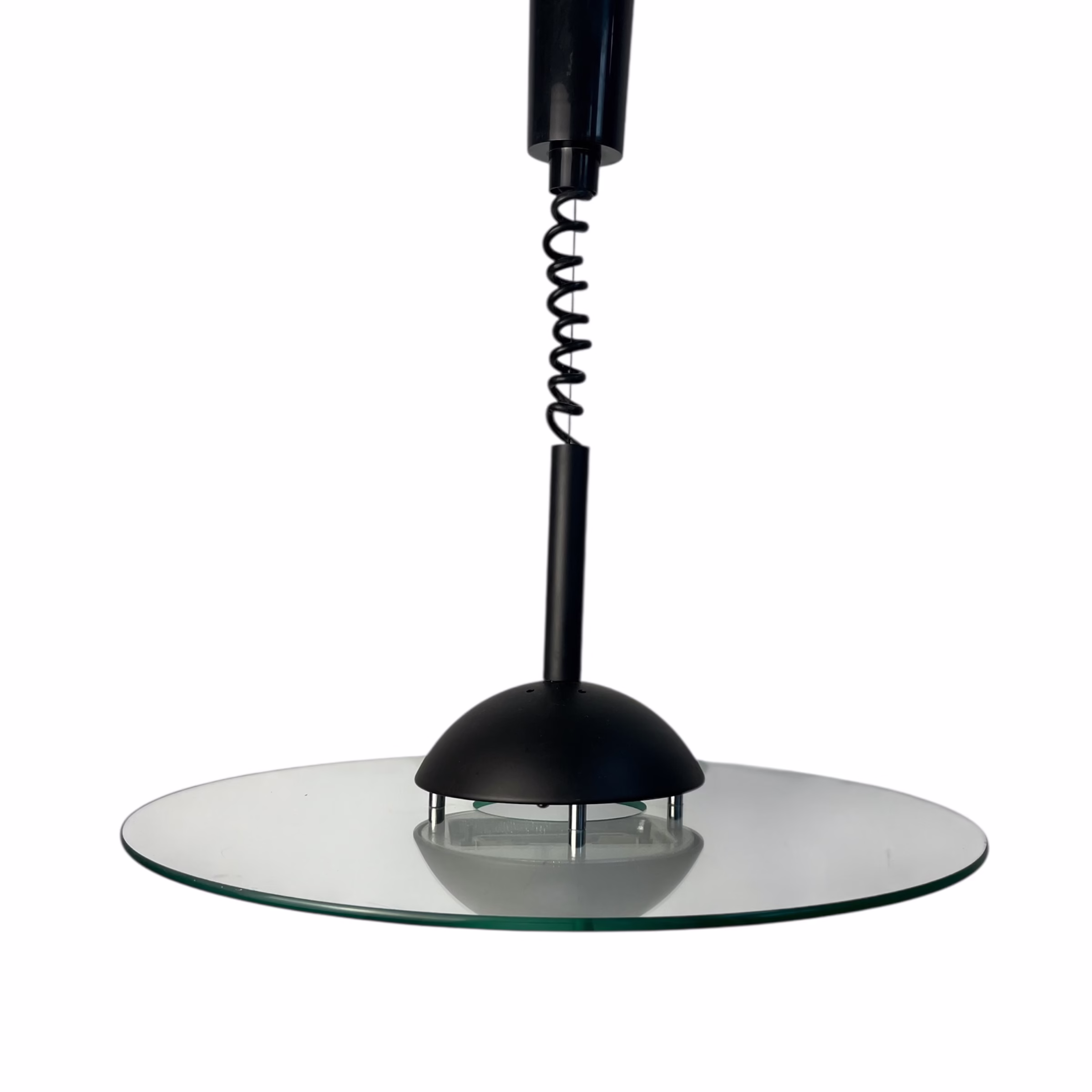 Lustră suspendată vintage Mid-Century Modern, metal negru și disc din sticlă groasă, reglaj pe înălțime