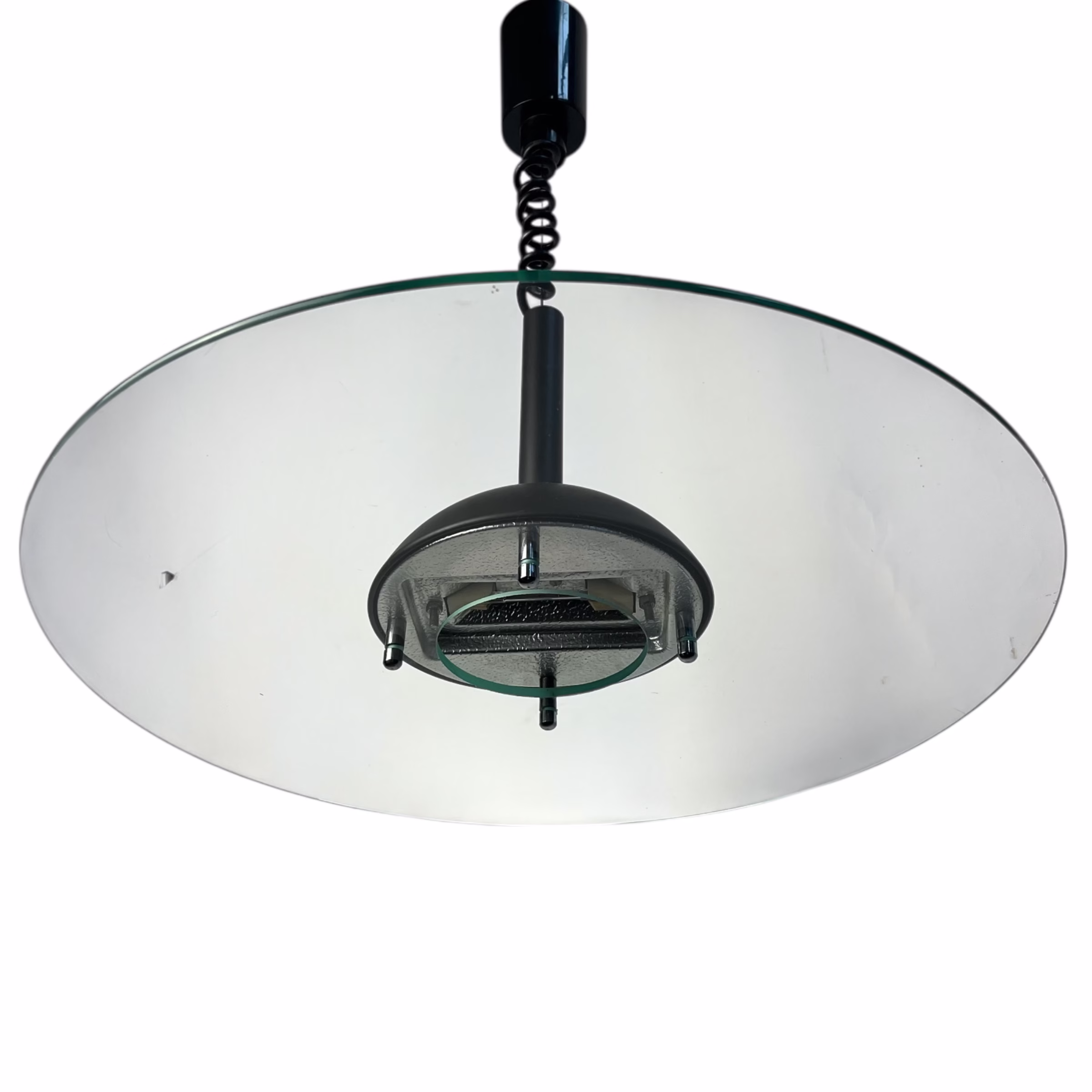 Lustră suspendată vintage Mid-Century Modern, metal negru și disc din sticlă groasă, reglaj pe înălțime Corpuri de iluminat