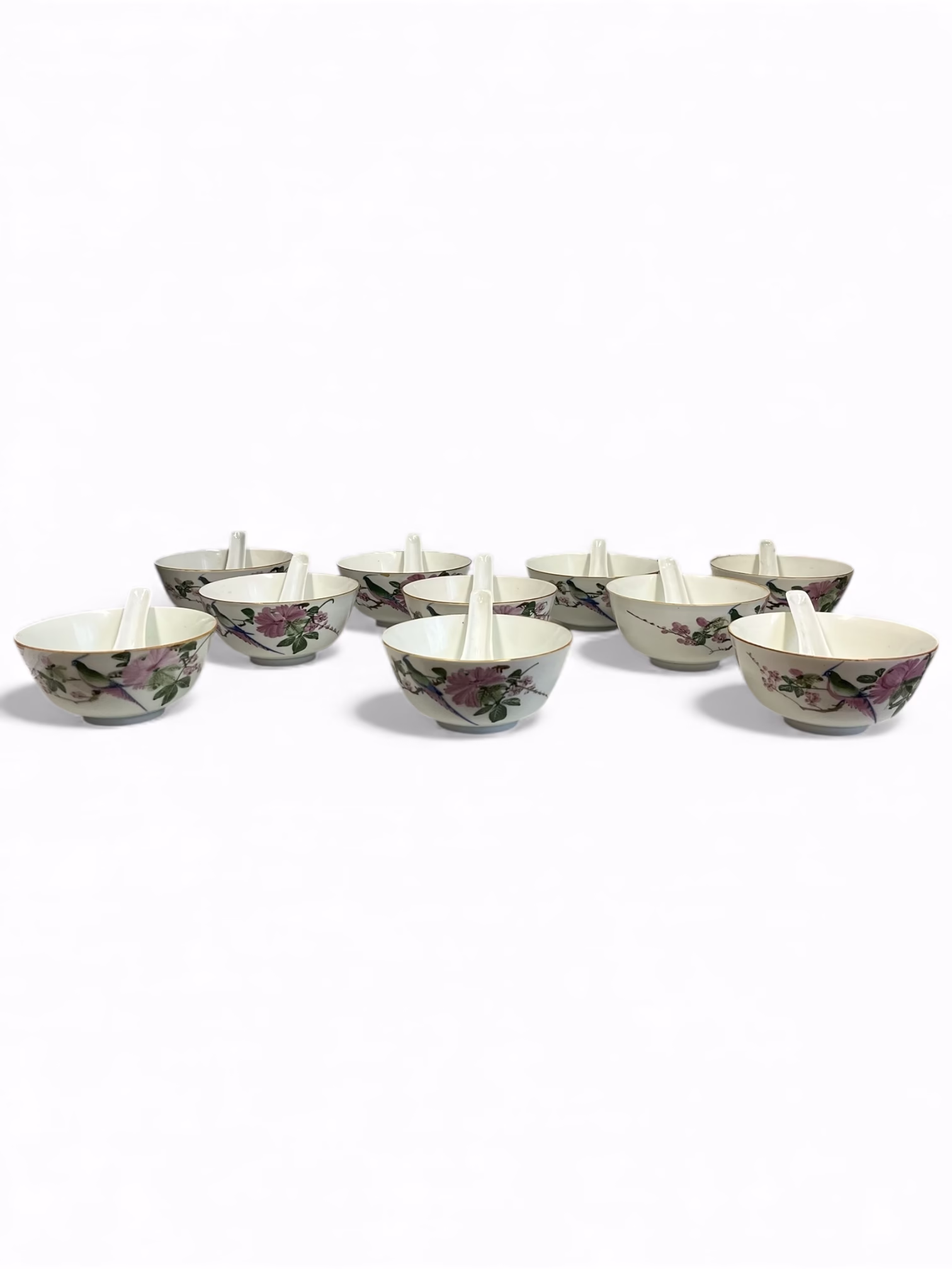 Set boluri asiatice din porțelan cu linguri 10 persoane– decor păsări și flori, China, sec. XX