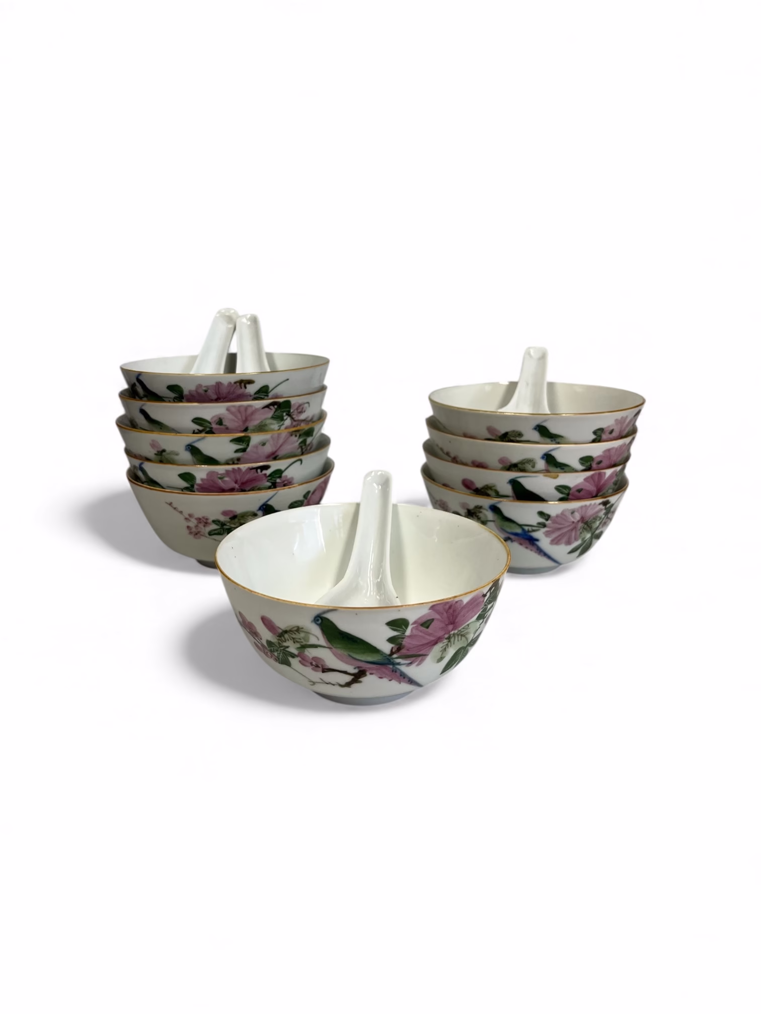 Set boluri asiatice din porțelan cu linguri 10 persoane– decor păsări și flori, China, sec. XX Boluri