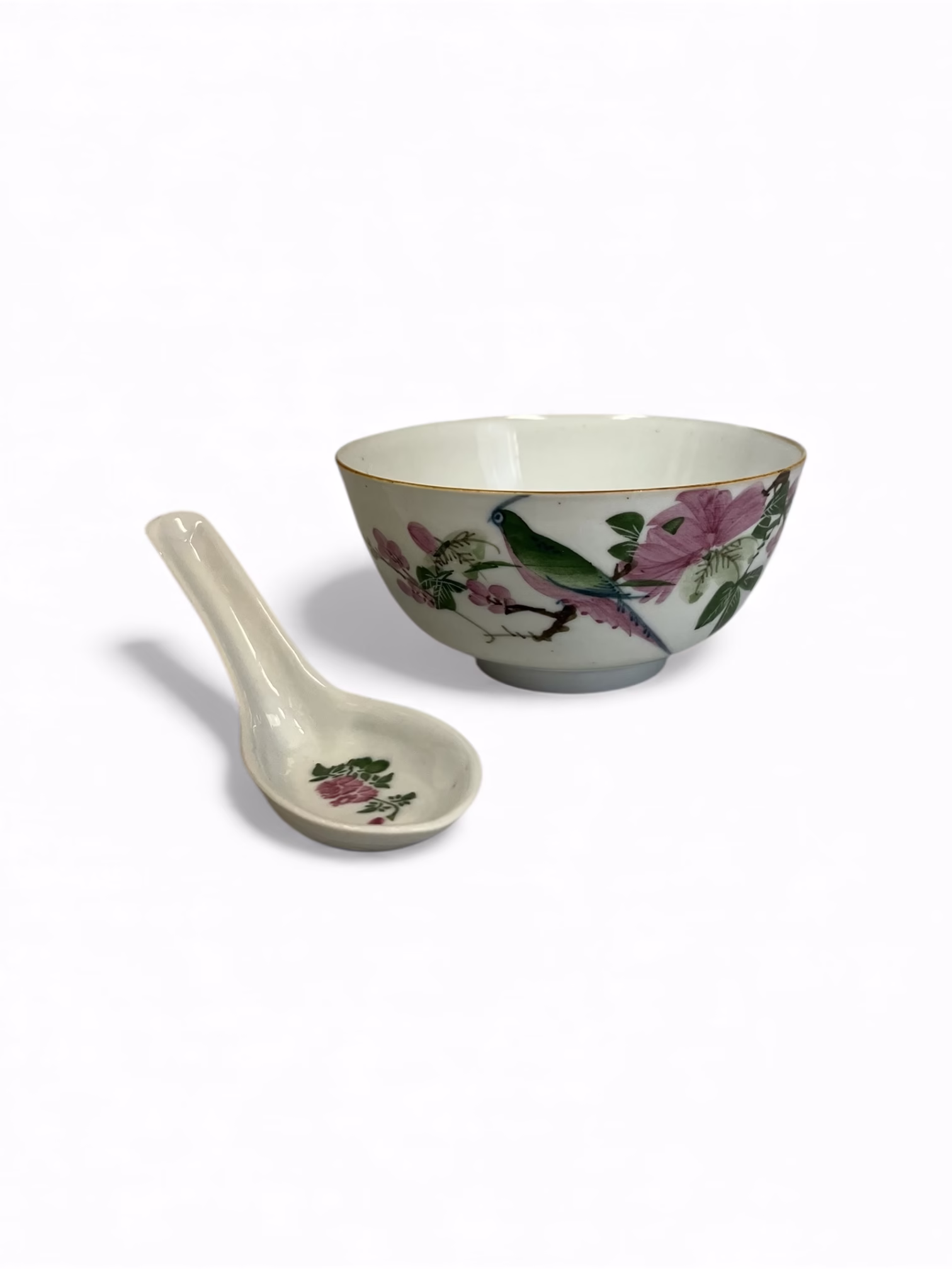 Set boluri asiatice din porțelan cu linguri 10 persoane– decor păsări și flori, China, sec. XX Boluri Magazin de mobila decoratiuni si corpuri de iluminat vintage Set boluri asiatice din porțelan cu linguri 10 persoane– decor păsări și flori, China, sec. XX Boluri