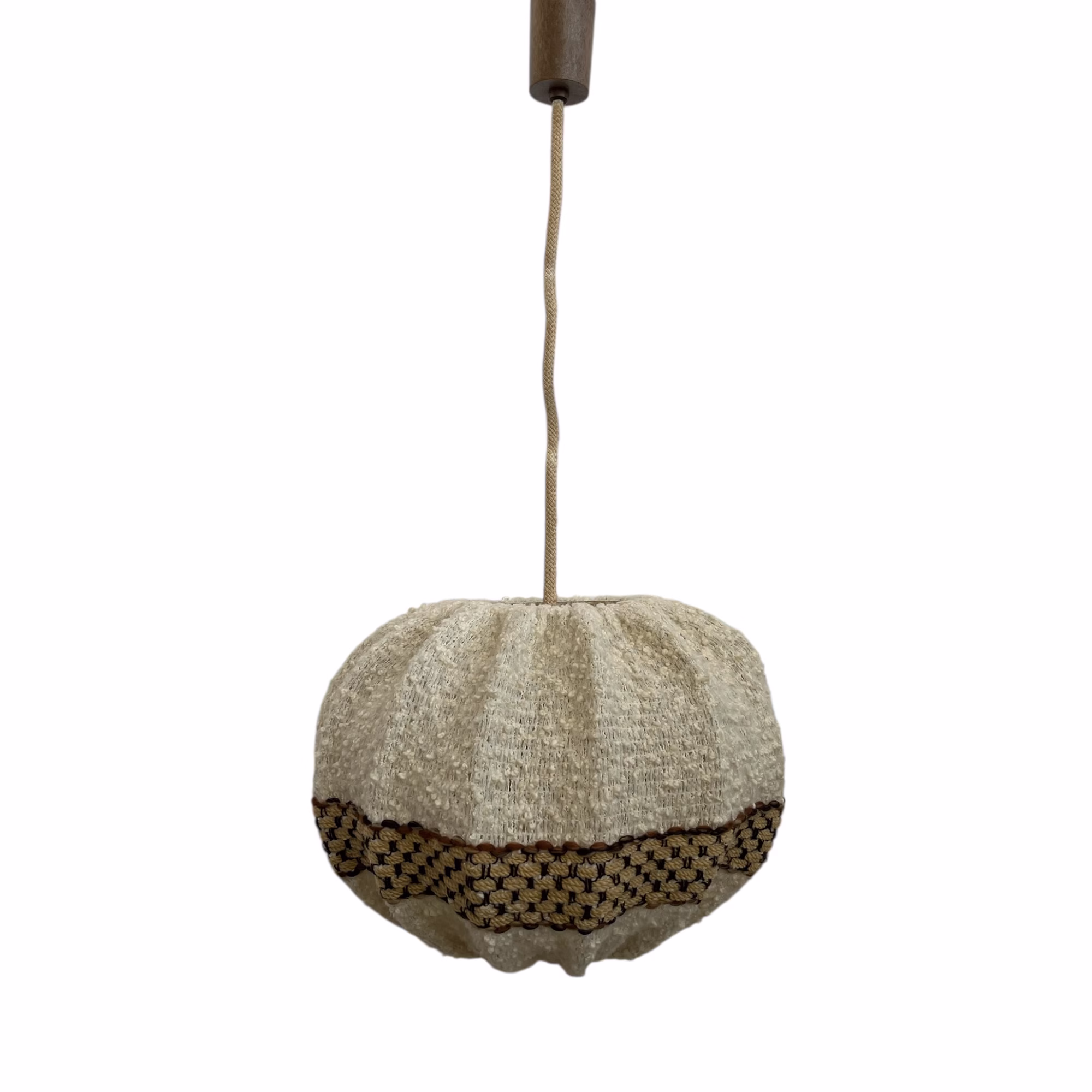 Lampă suspendată vintage din lână țesută manual, stil boho / rustic anii 70