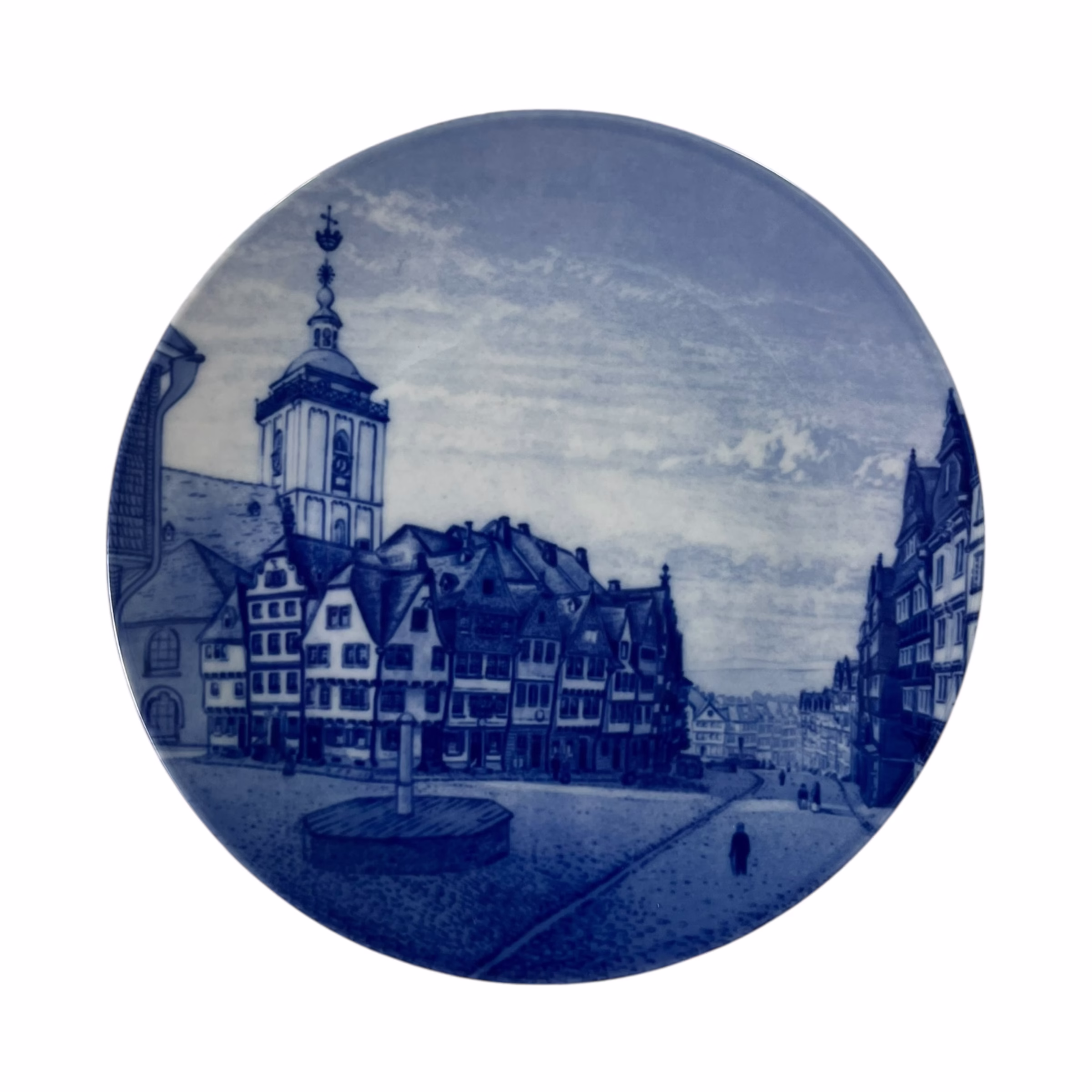 Farfurie decorativă din porțelan german Echt Kobalt Siegen piața orașului circa 1850