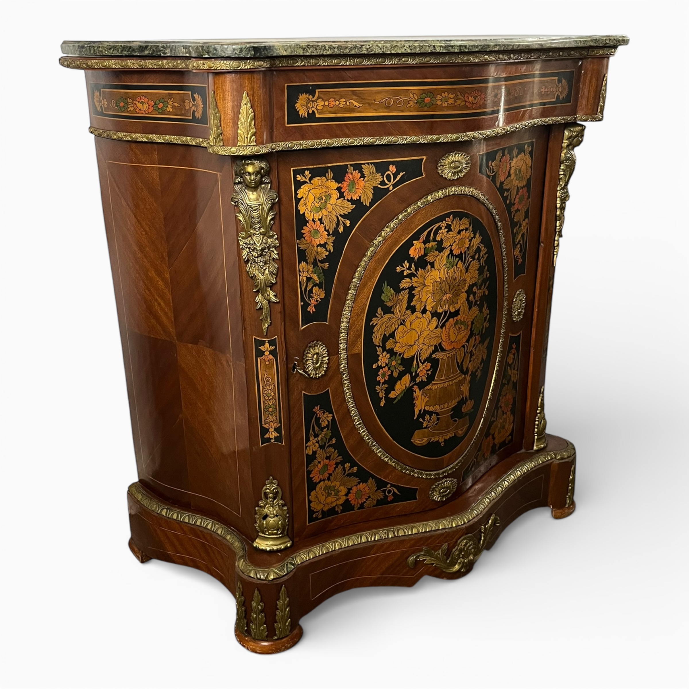 Comodă stil Napoleon III cu intarsie florală și blat din marmură verde sfârșitul sec. XIX Mobilier