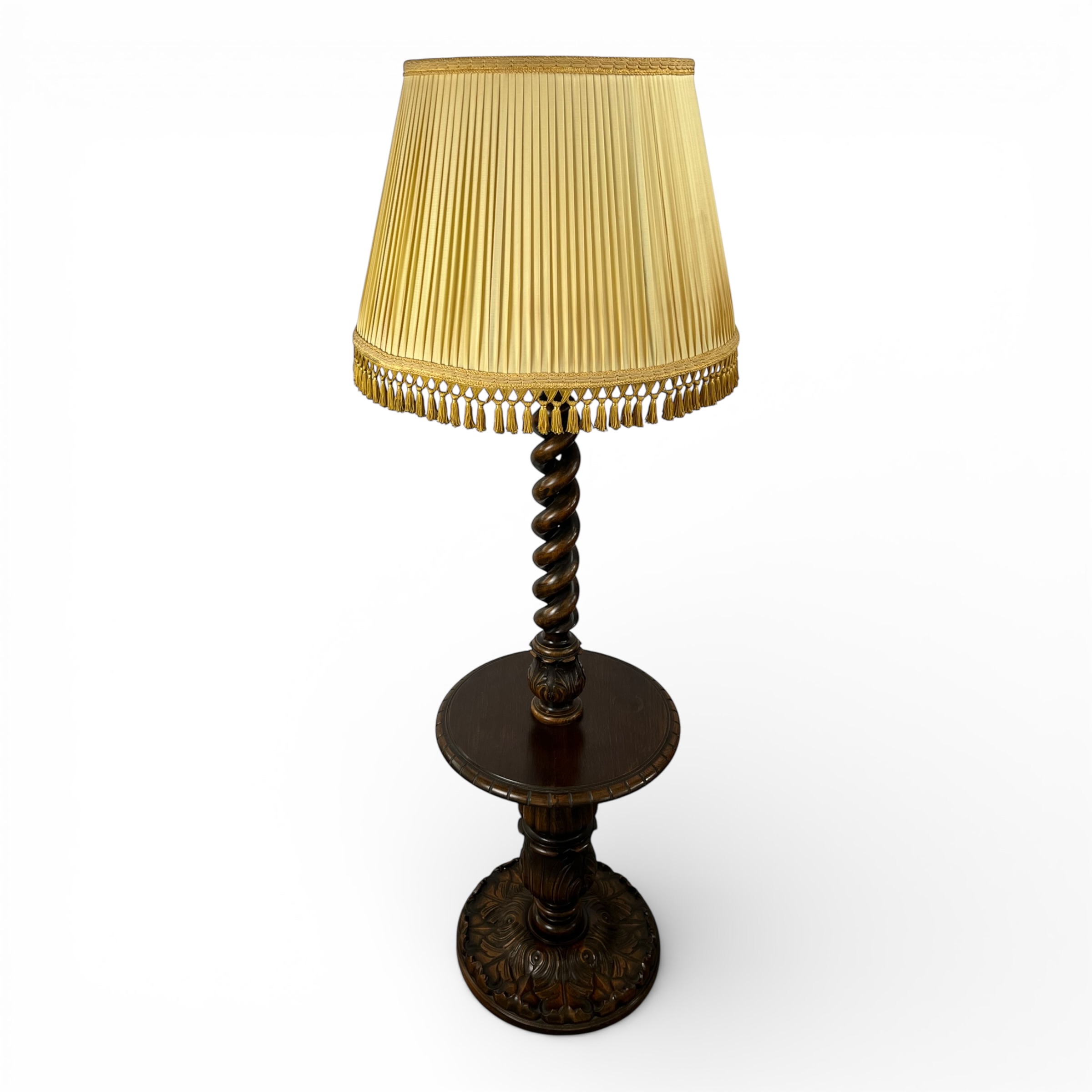 Lampadar vintage din lemn sculptat stil baroc revival cu coloană spiralată și măsuță integrată Corpuri de iluminat