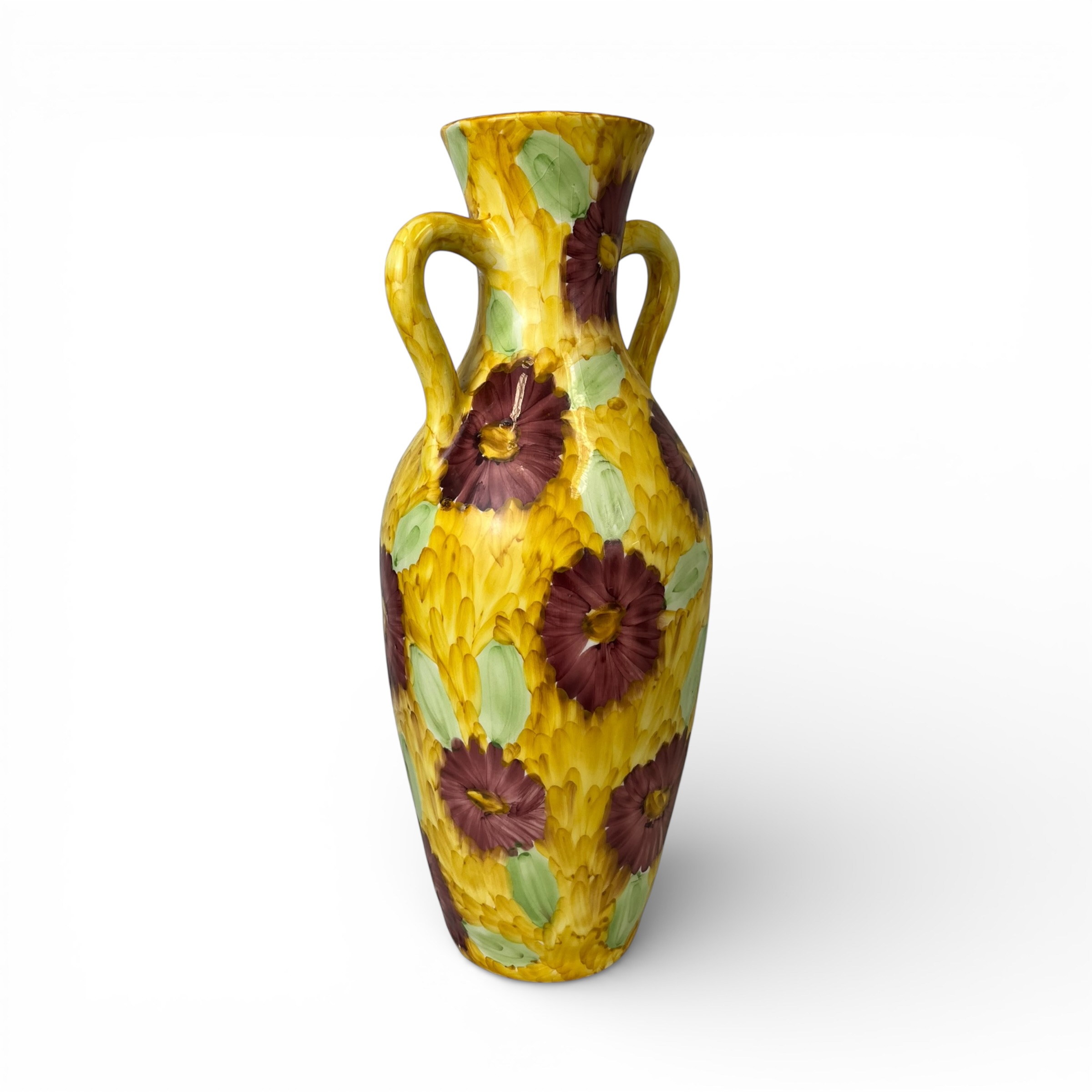 Vază decorativă din ceramică smălțuită, cu două toarte, decor floral pictat manual Decoratiuni