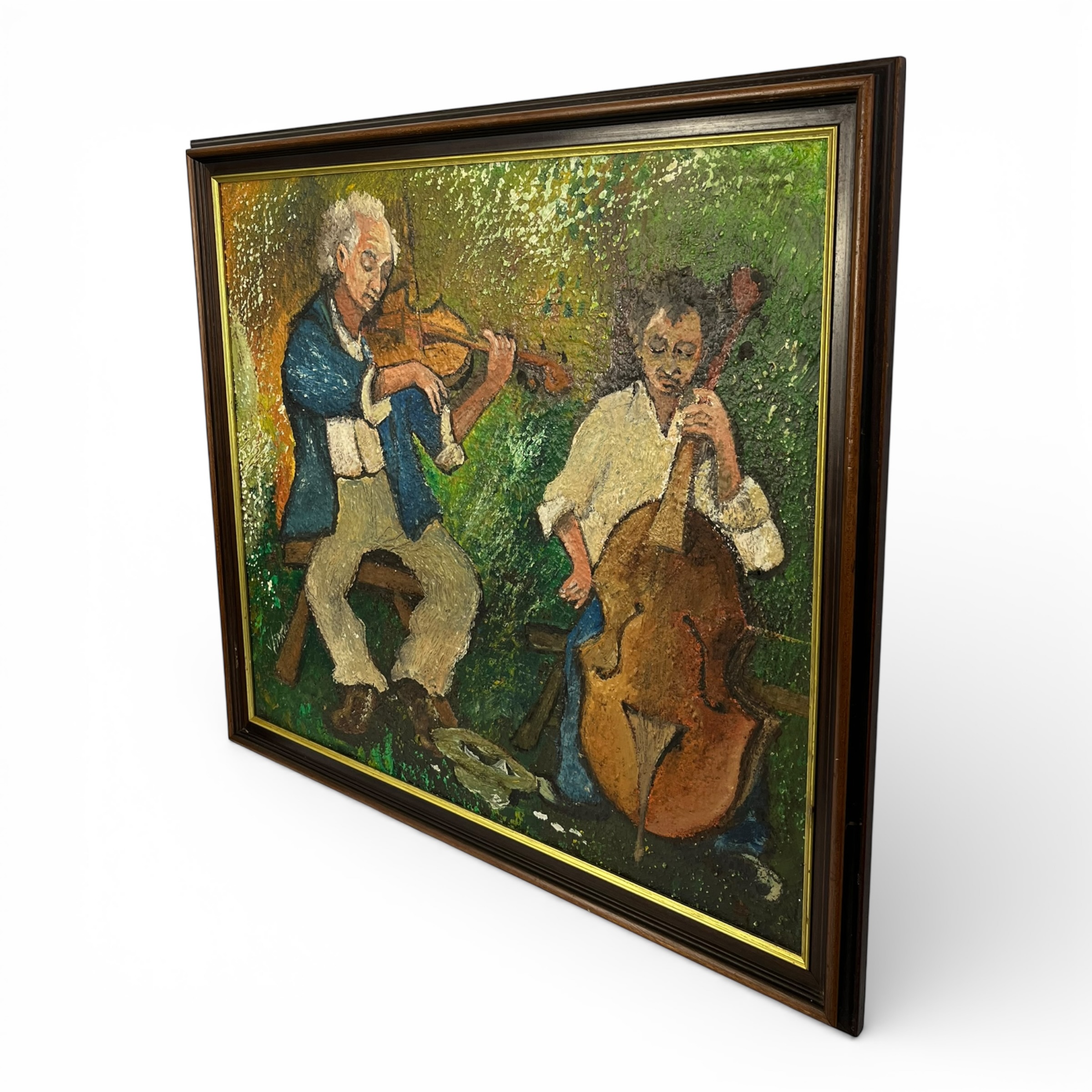 Pictură în ulei pe pânză – „Duo de muzicieni” – semnată, 1991 Decoratiuni