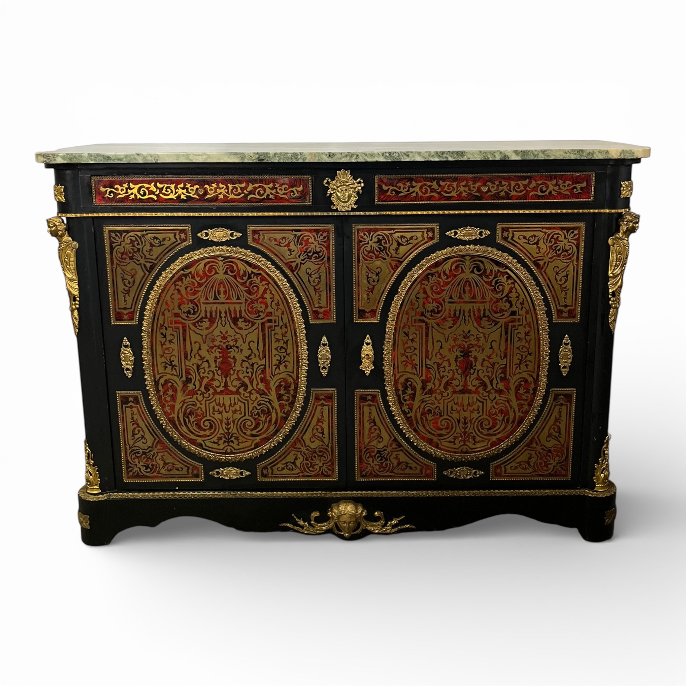 Comodă Napoleon III cu marchetărie Boulle și bronzuri aurite, blat din marmură, Franța sec. XIX Articole de colecție