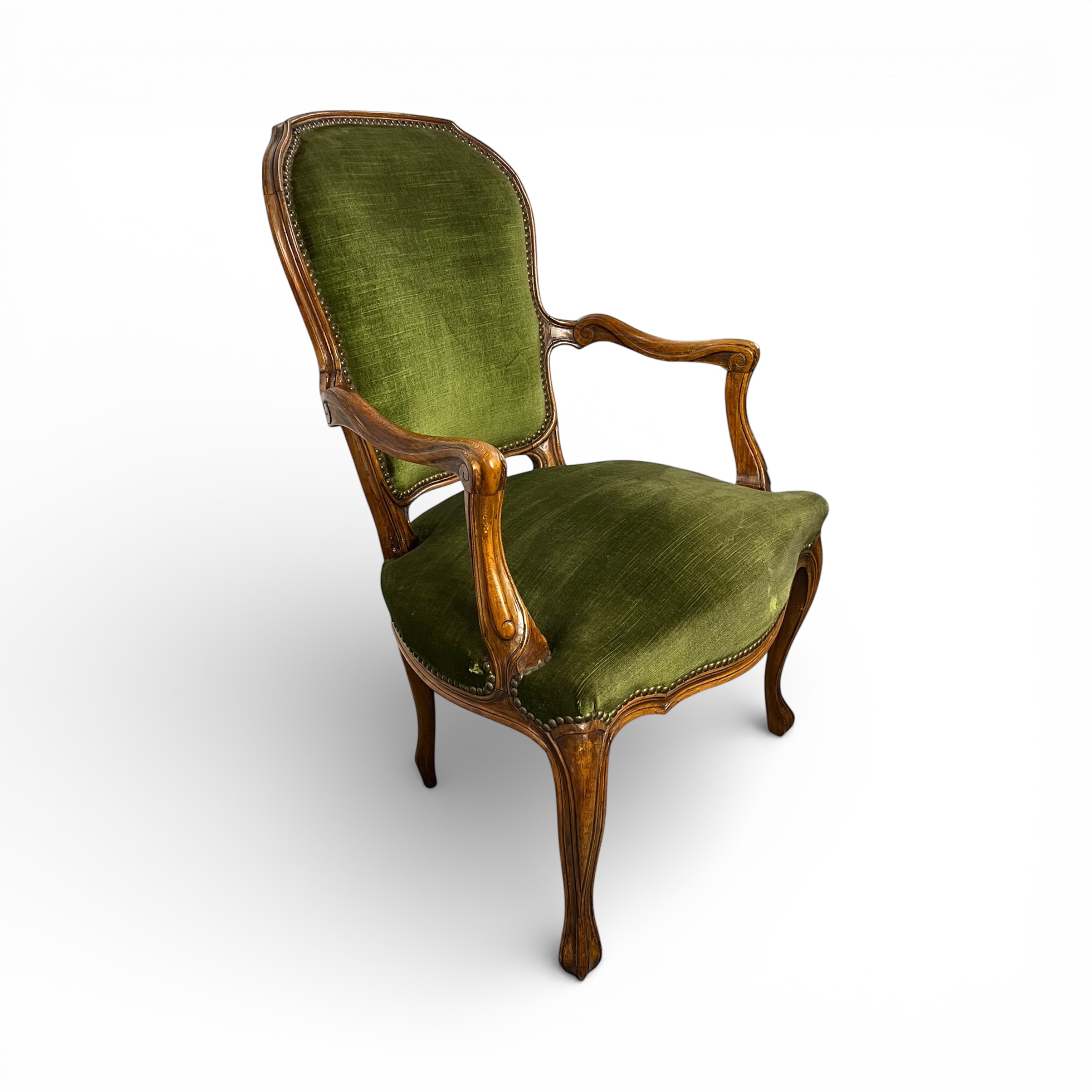 Fotoliu Louis XV din lemn masiv, tapițerie verde olive, Franța sec. XX Fotolii