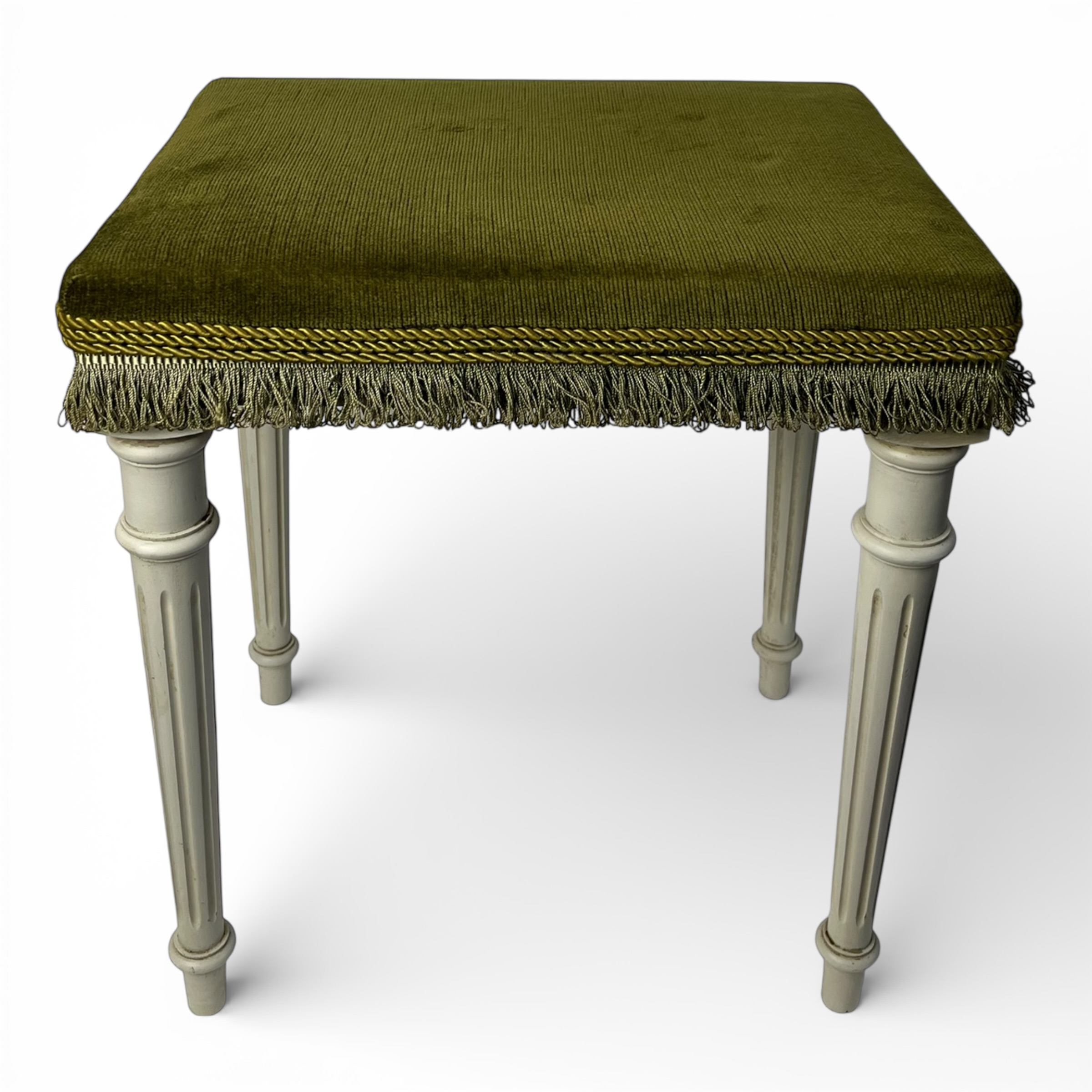 Taburet elegant în stil neoclasic, cu tapițerie din catifea verde olive și franjuri decorative Mobilier
