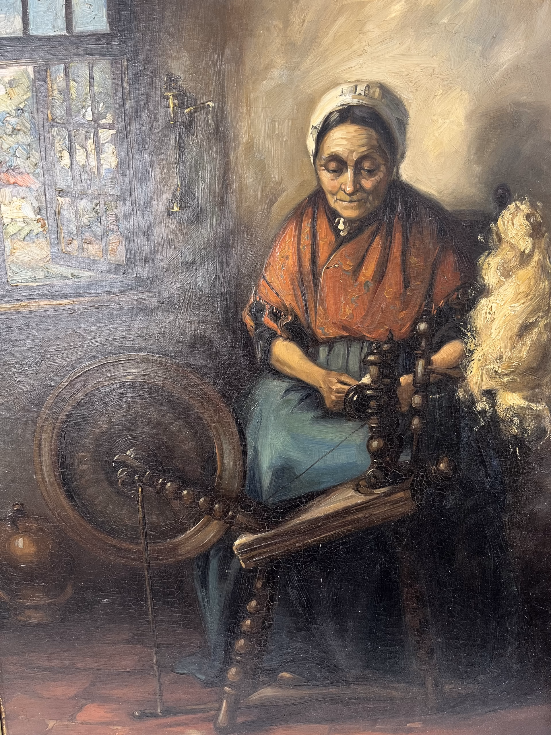 Pictură în ulei pe pânză – Interior rural cu femeie la roata de tors, școală belgiană, sfârșit de secol XIX Decoratiuni