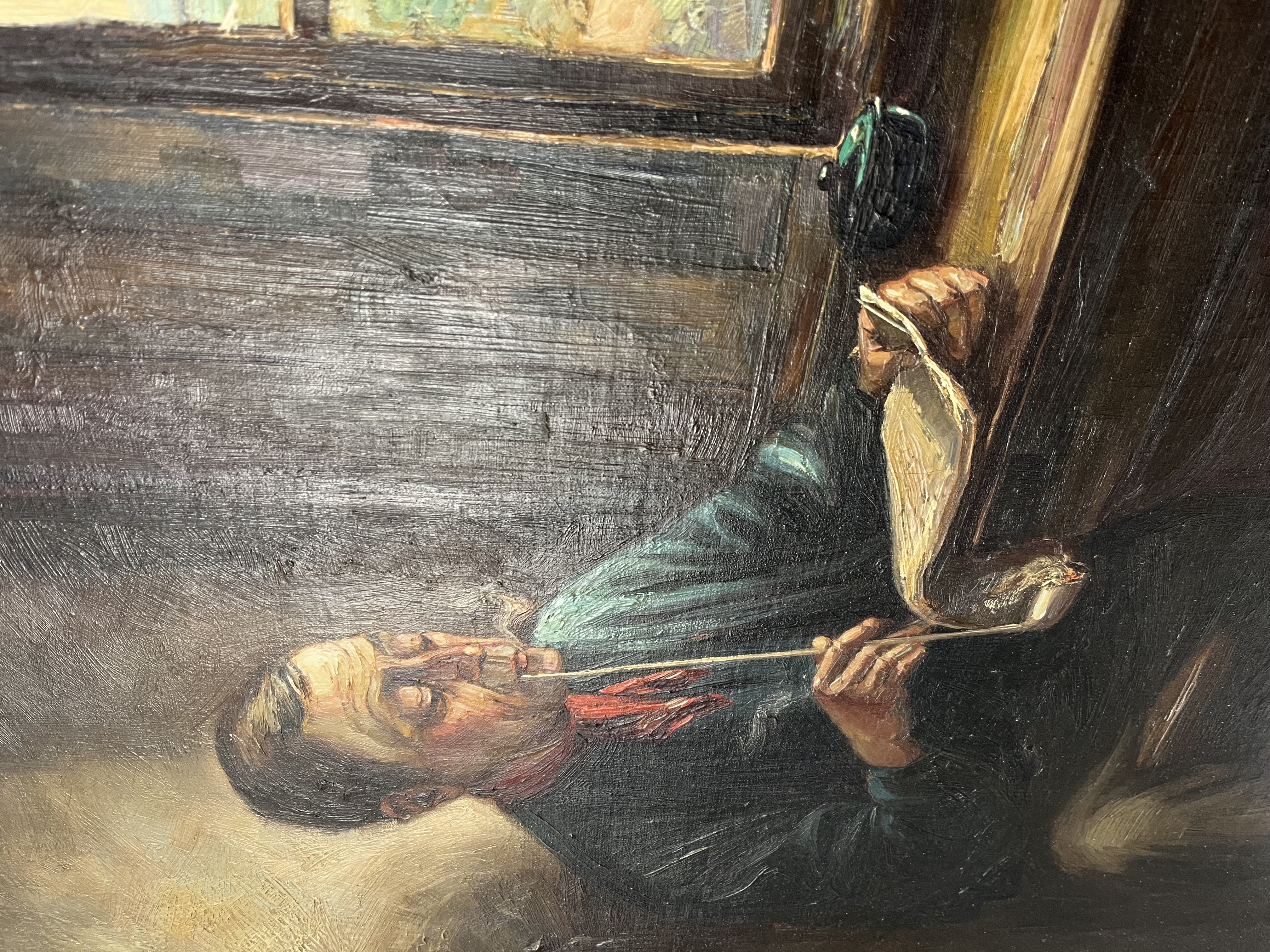 Pictură în ulei pe pânză – Interior cu bărbat citind la fereastră, școală belgiană, sfârșit de secol XIX Decoratiuni