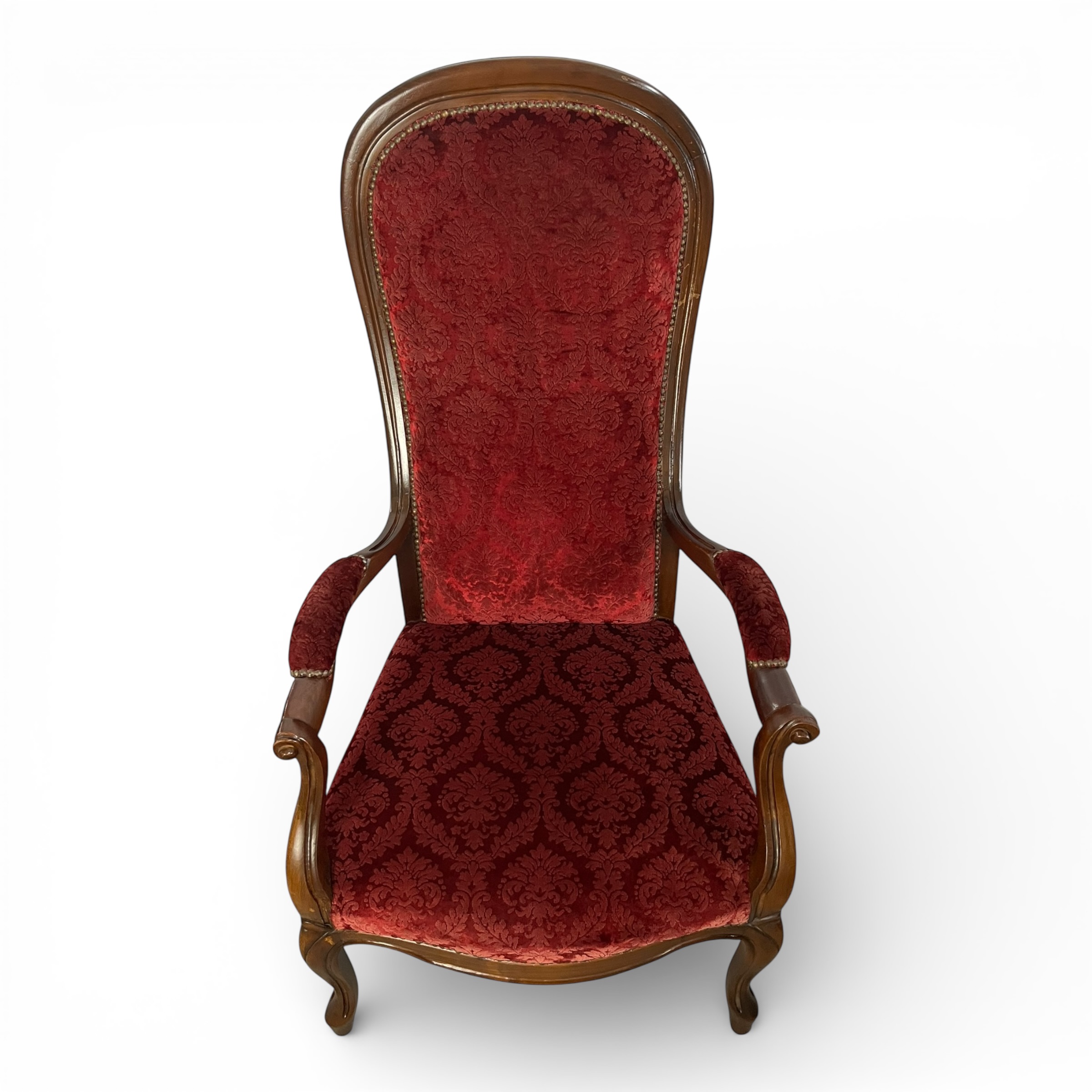 Fotoliu elegant stil Louis XV, lemn masiv și tapițerie damasc roșu Fotolii