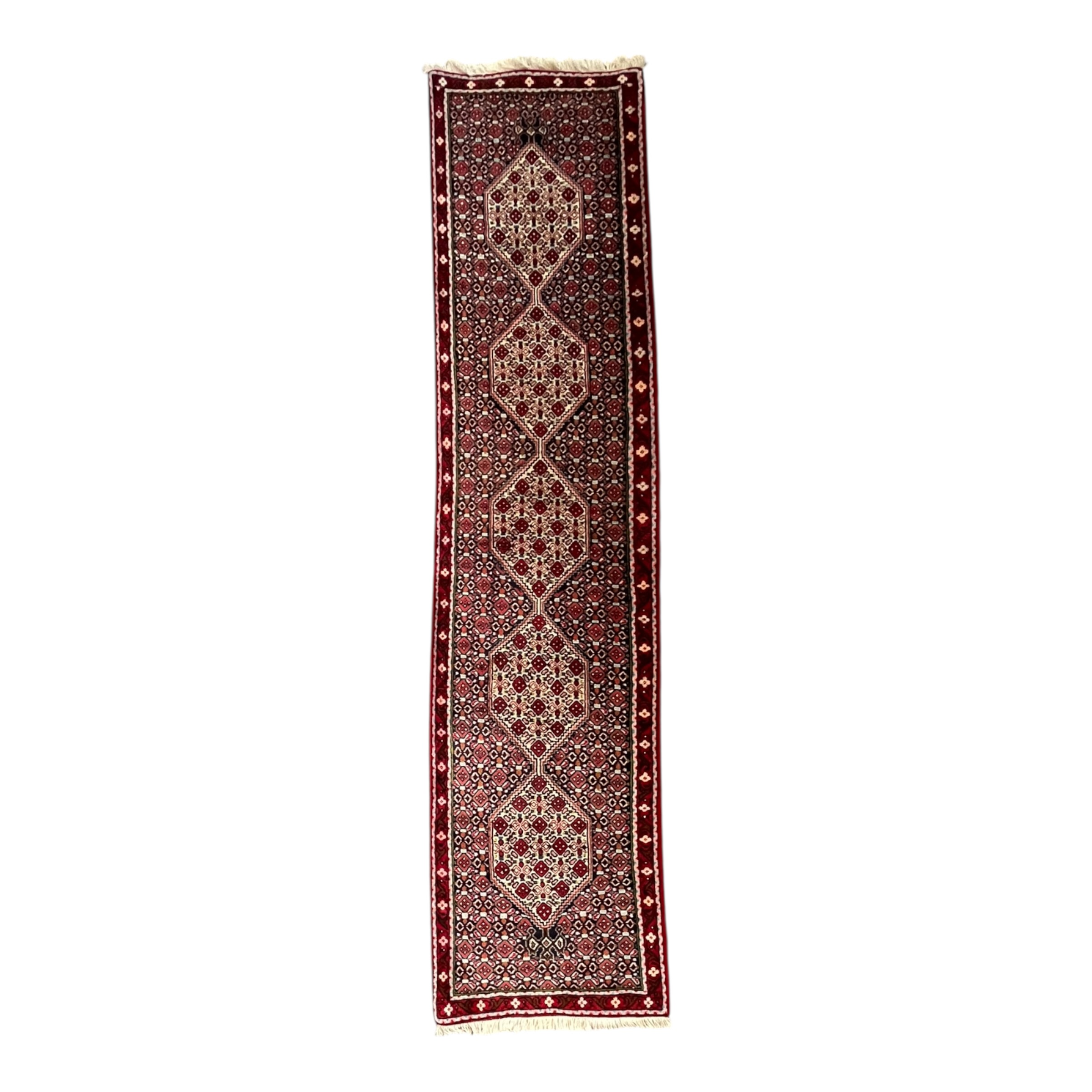 Covor oriental runner lucrat manual, 245 x 55 cm, model geometric cu medalioane, lână naturală Covoare