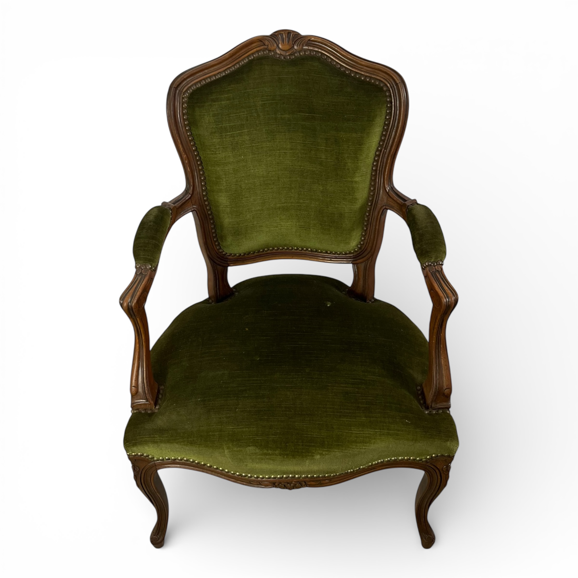Fotoliu francez stil Louis XV, lemn masiv și catifea verde olive – început sec. XX Fotolii