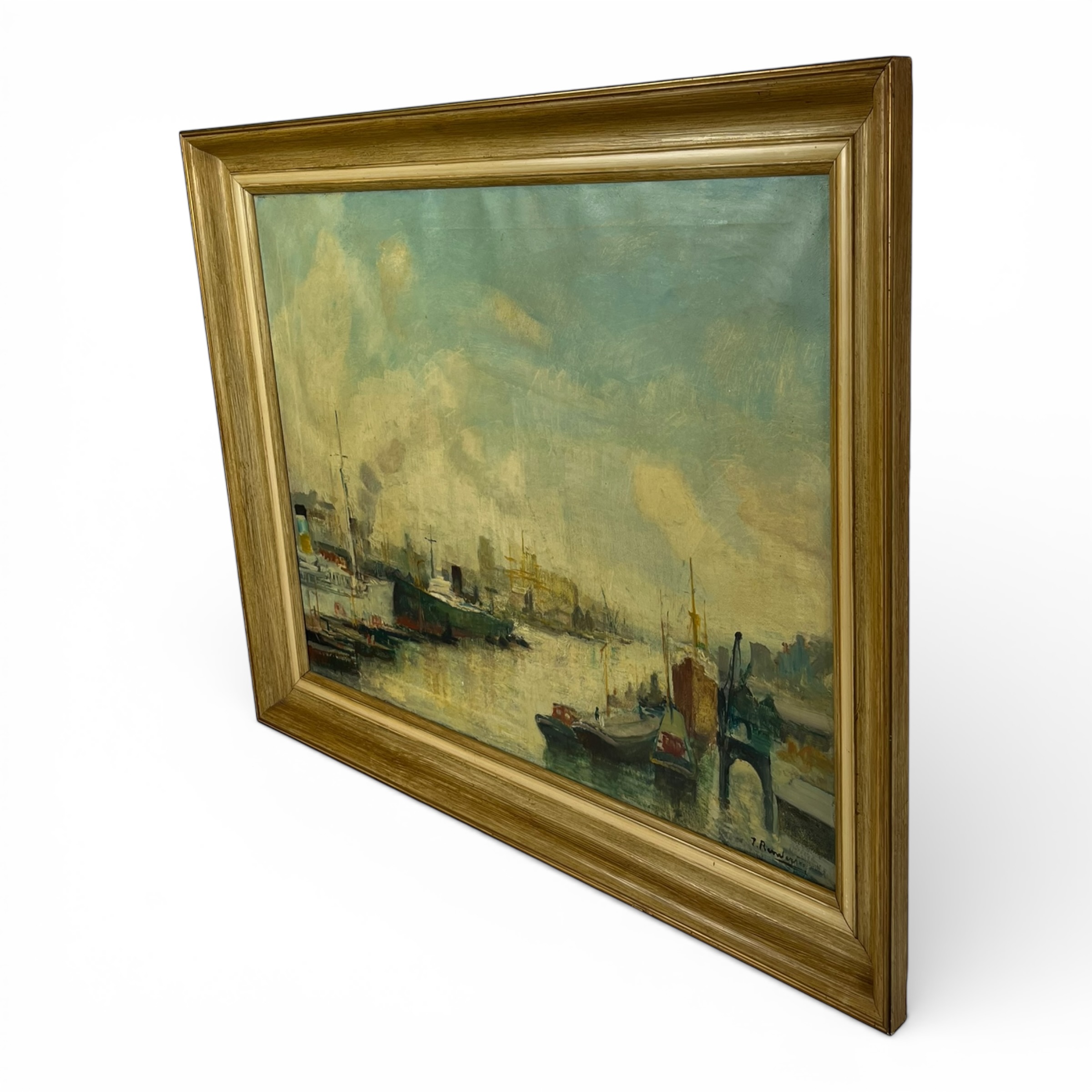 Pictură în ulei pe pânză – Port industrial cu nave și macarale, semnată T. Runden, 95 x 75 cm Decoratiuni