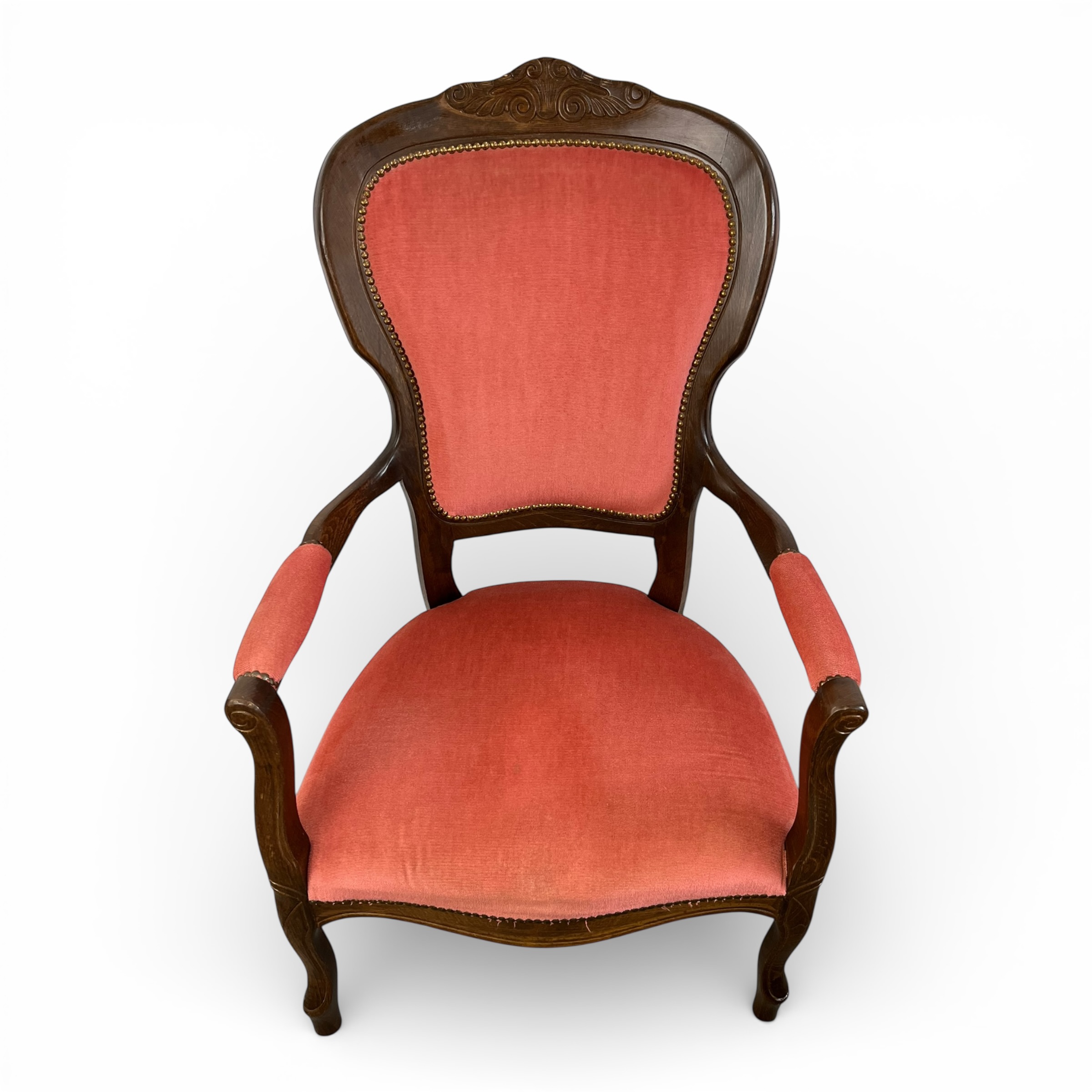 Fotoliu în stil Louis XV, lemn masiv și tapițerie coral – reeditare 1990–2000 Fotolii