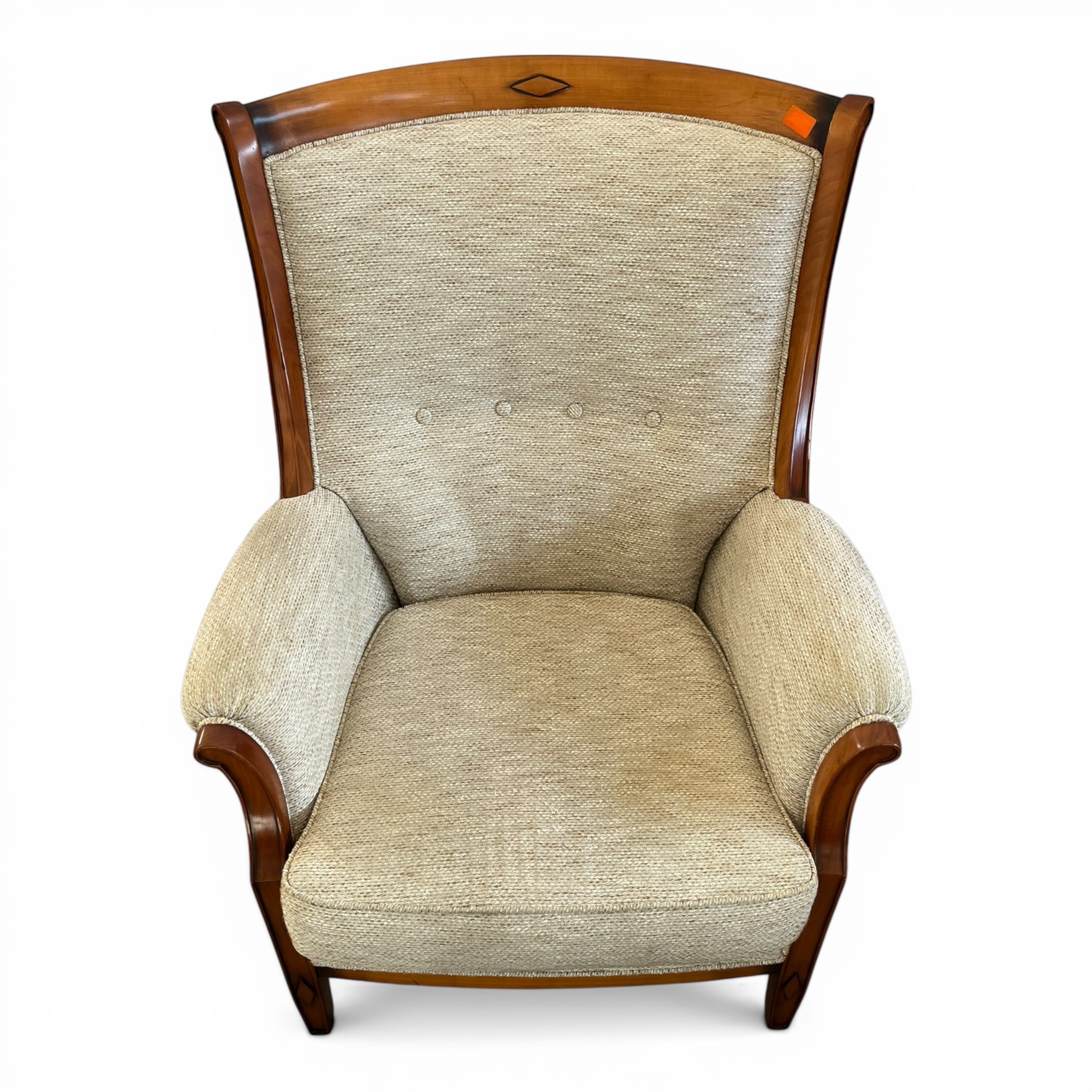 Fotoliu vintage din lemn masiv cu tapițerie textilă, design elegant Fotolii