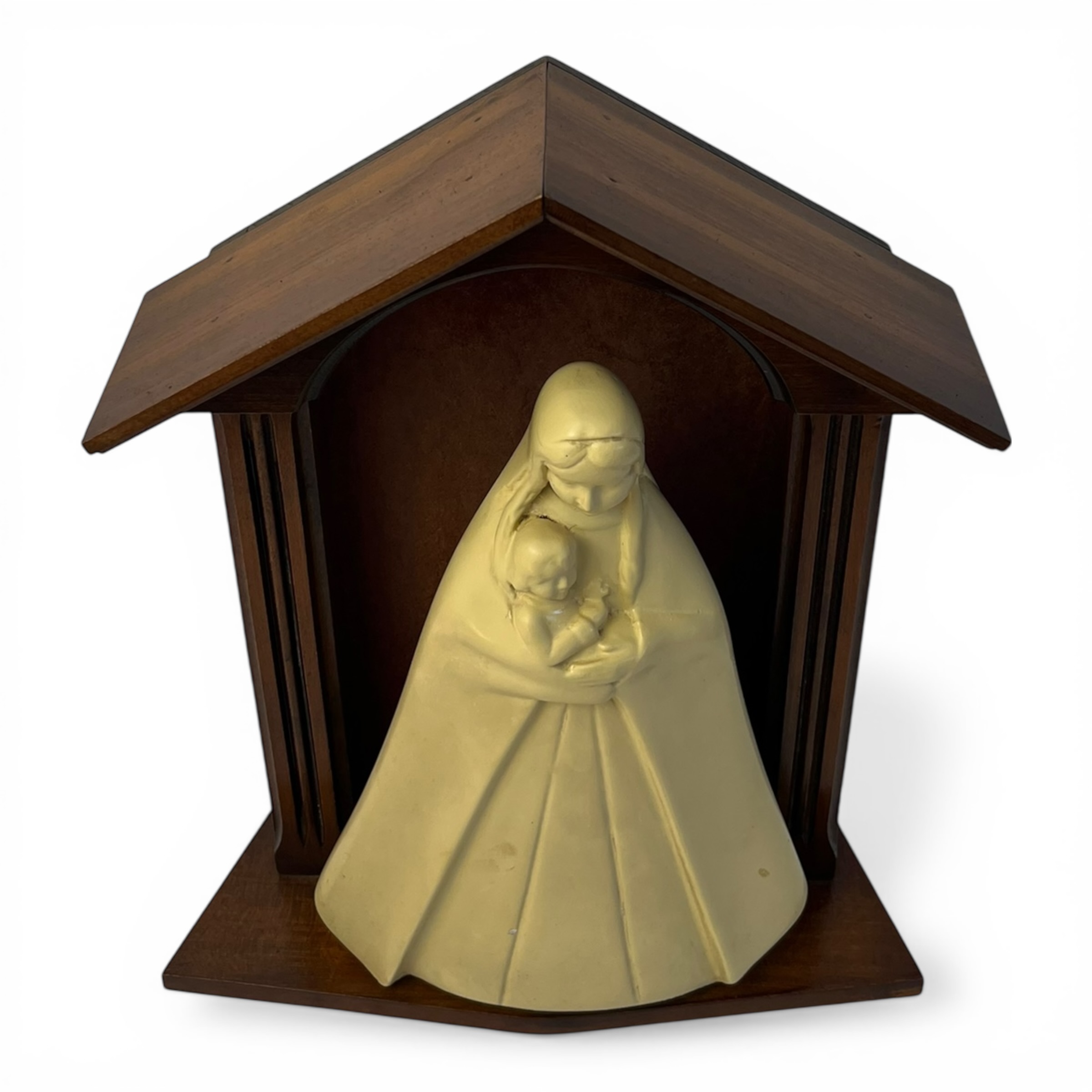 Sculptură religioasă vintage – Fecioara Maria cu Pruncul în nișă din lemn, decor devotional, anii 1960–1970 Decoratiuni