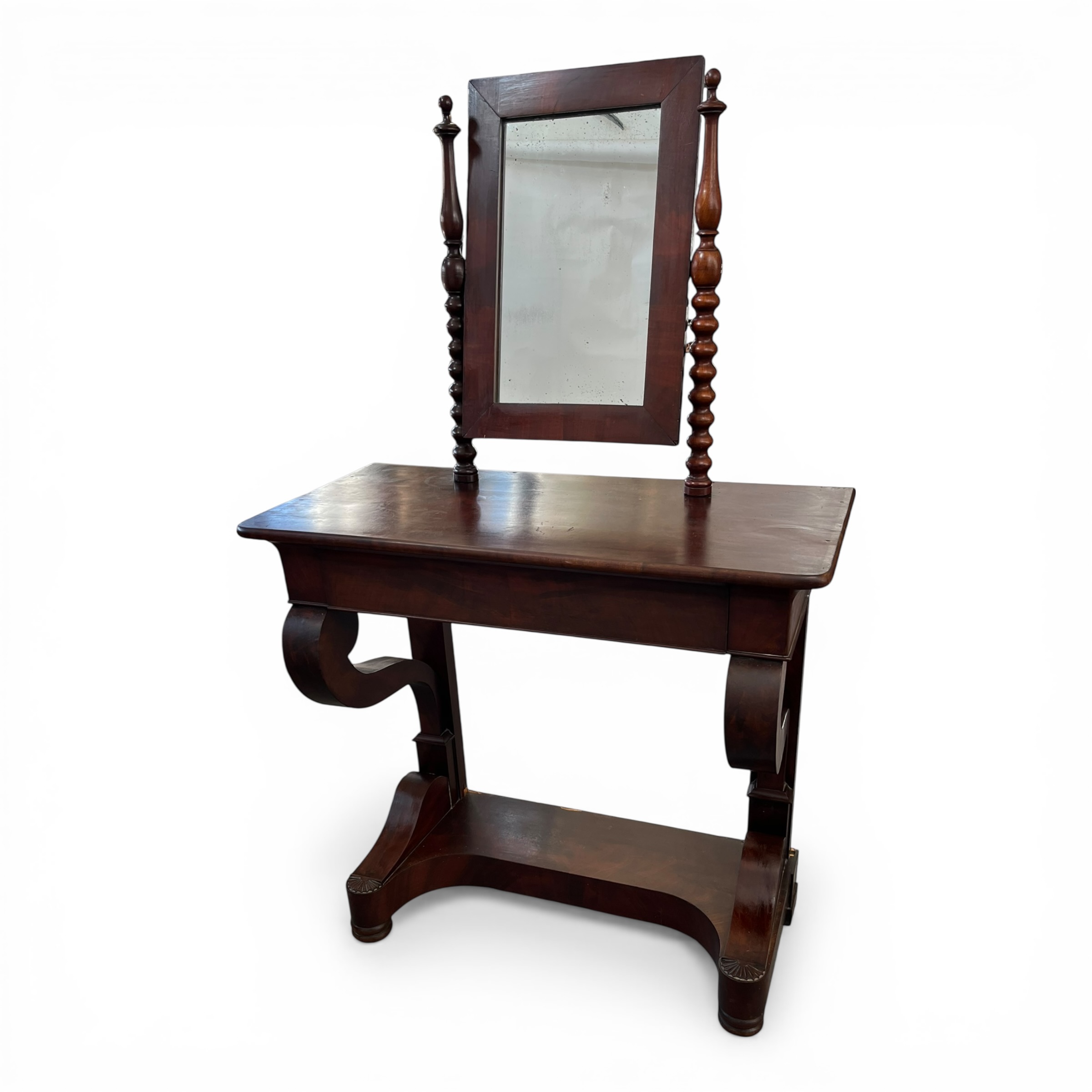 Măsuță de toaletă Biedermeier cu oglindă pivotantă, furnir de mahon, sec. XIX Comode și măsuțe de toaletă