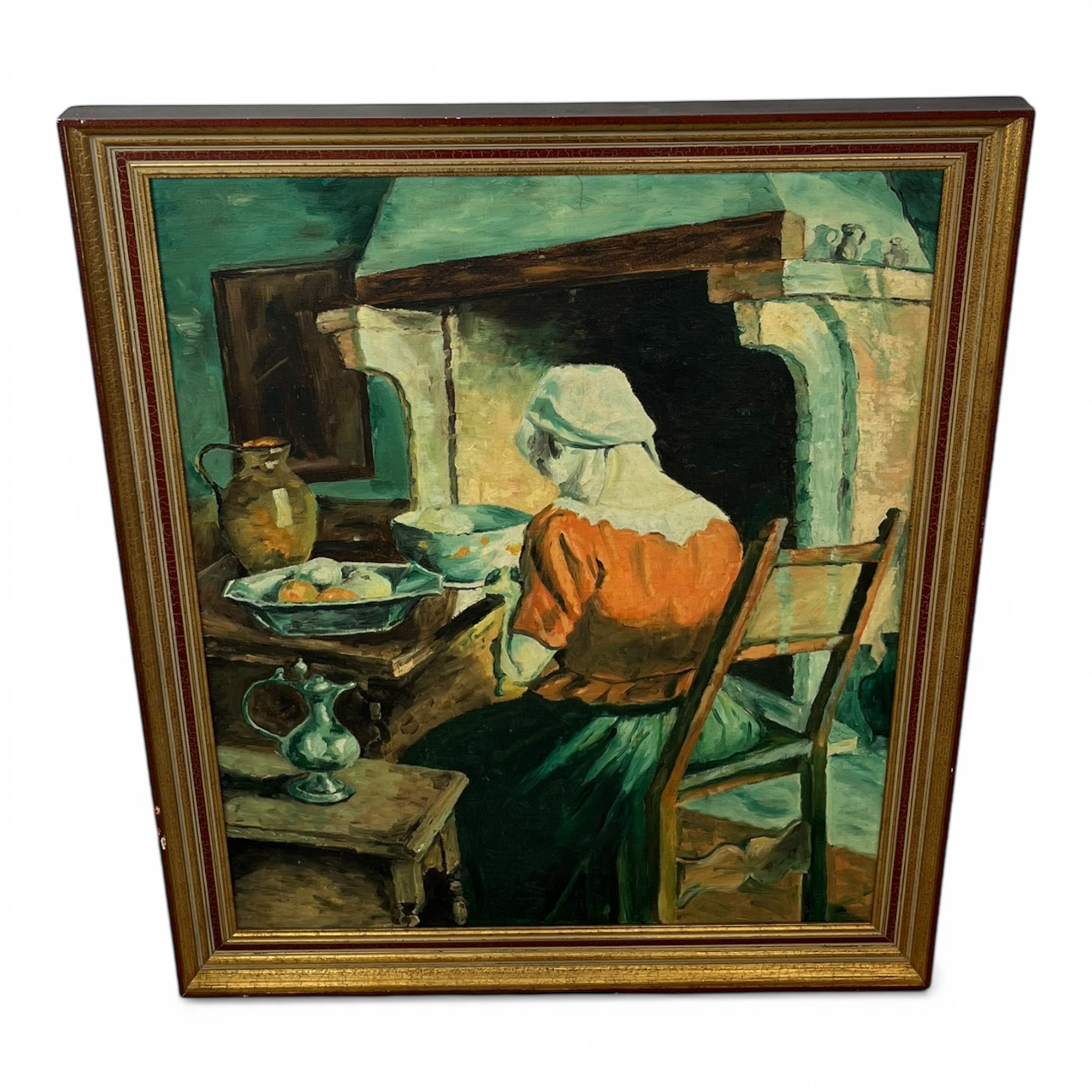 Pictură în ulei pe pânză „Interior rustic cu femeie la vatră”, lucrare pe două fețe (dublă pictură) Decoratiuni