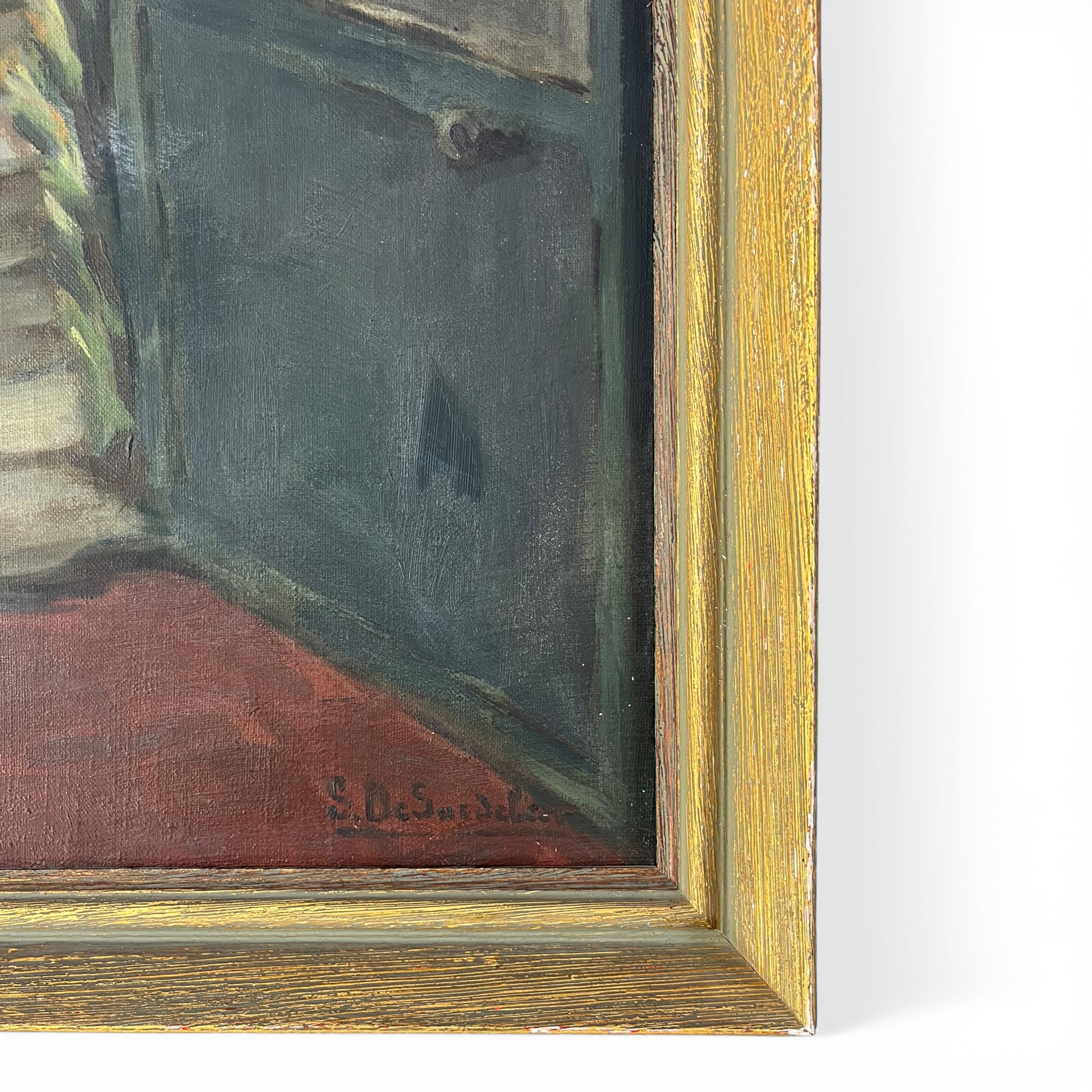 Pictură în ulei pe pânză – Interior cu ușă deschisă spre grădină, scenă impresionistă, lucrare semnată Decoratiuni