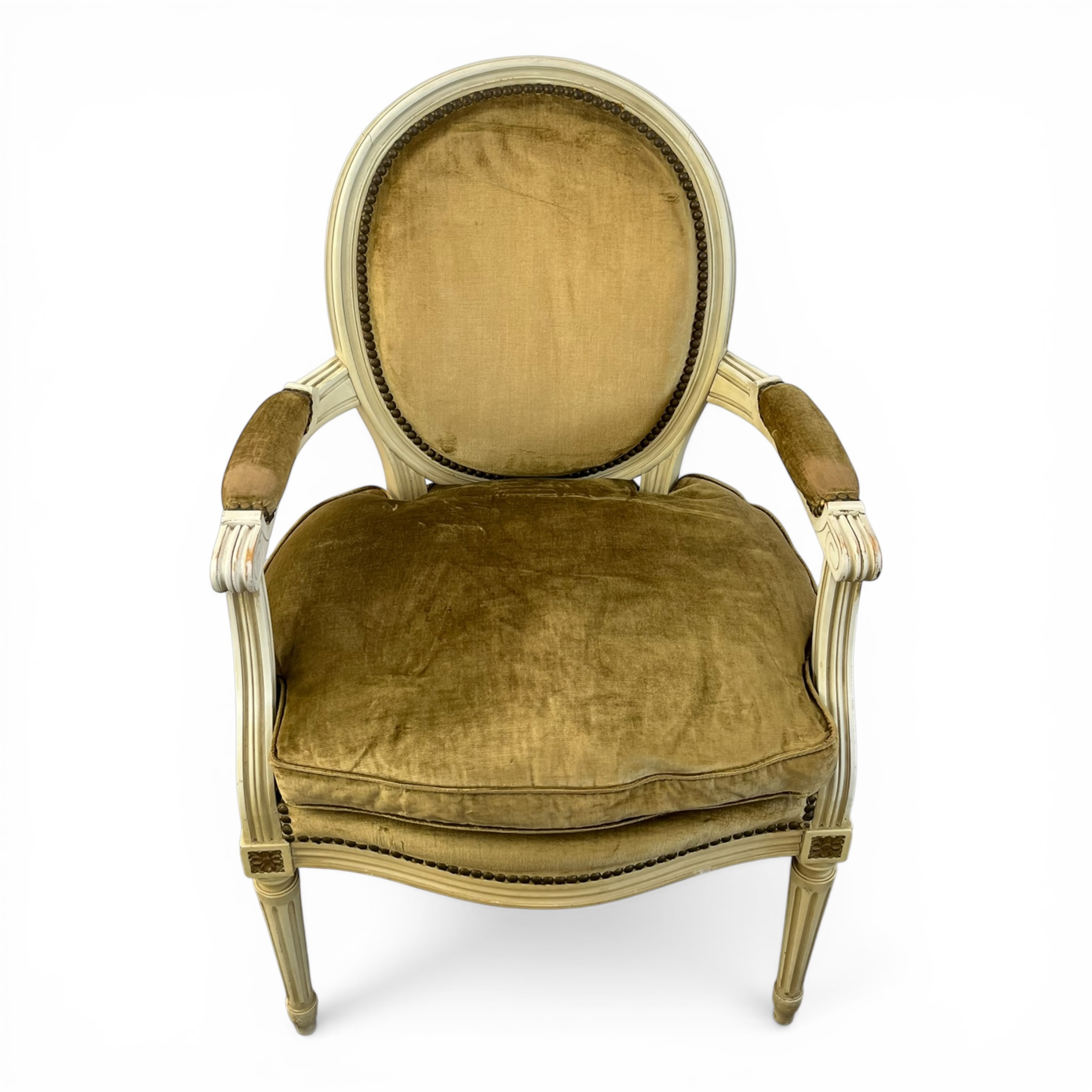 Fotoliu stil Louis XVI cu spătar medalion, lemn sculptat și catifea, sec. XX Fotolii