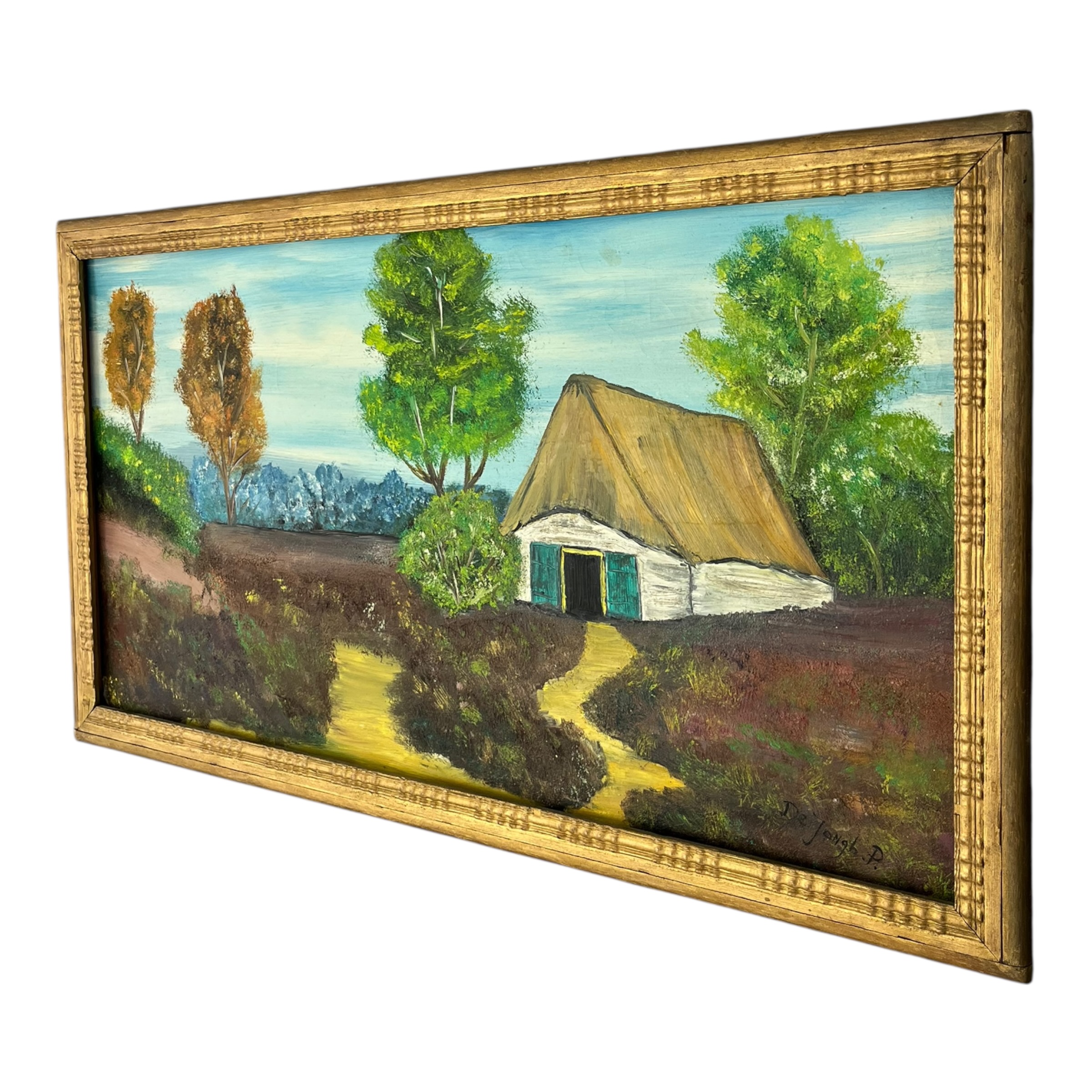 Tablou vintage cu peisaj rural și casă tradițională, semnat, în ramă aurie Decoratiuni