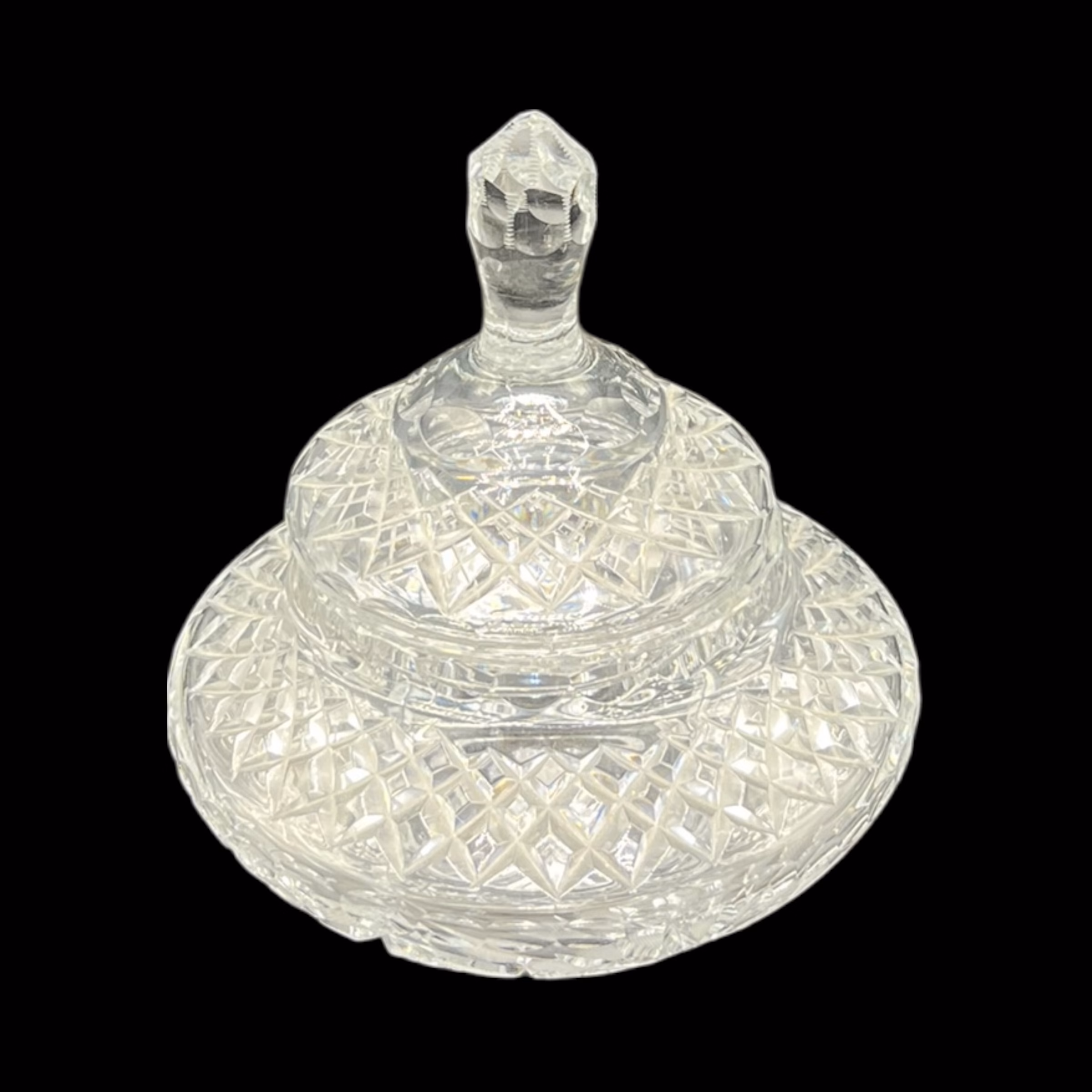 Bombonieră vintage din cristal tăiat cu capac – model geometric cu stea, stil Bohemian cut crystal Boluri