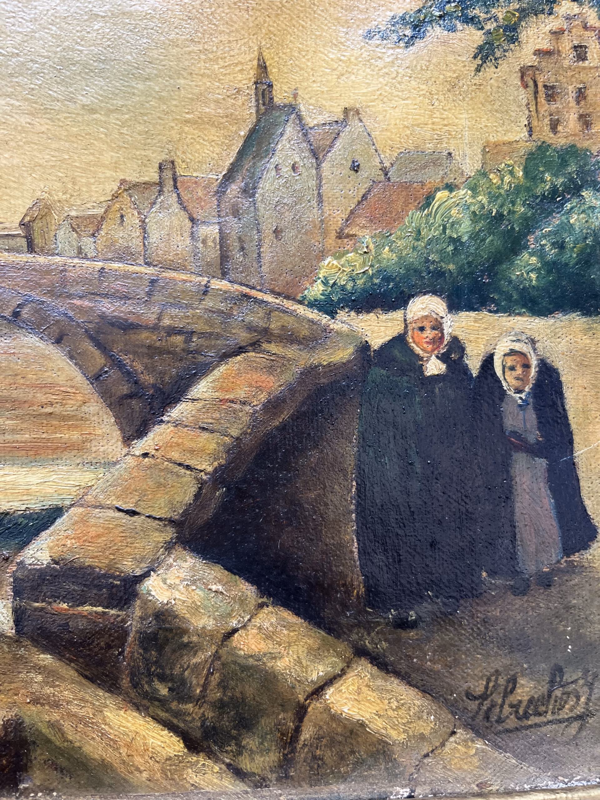Pictură veche pe pânză – peisaj urban european cu pod de piatră, semnată, prima jumătate a secolului XX Decoratiuni