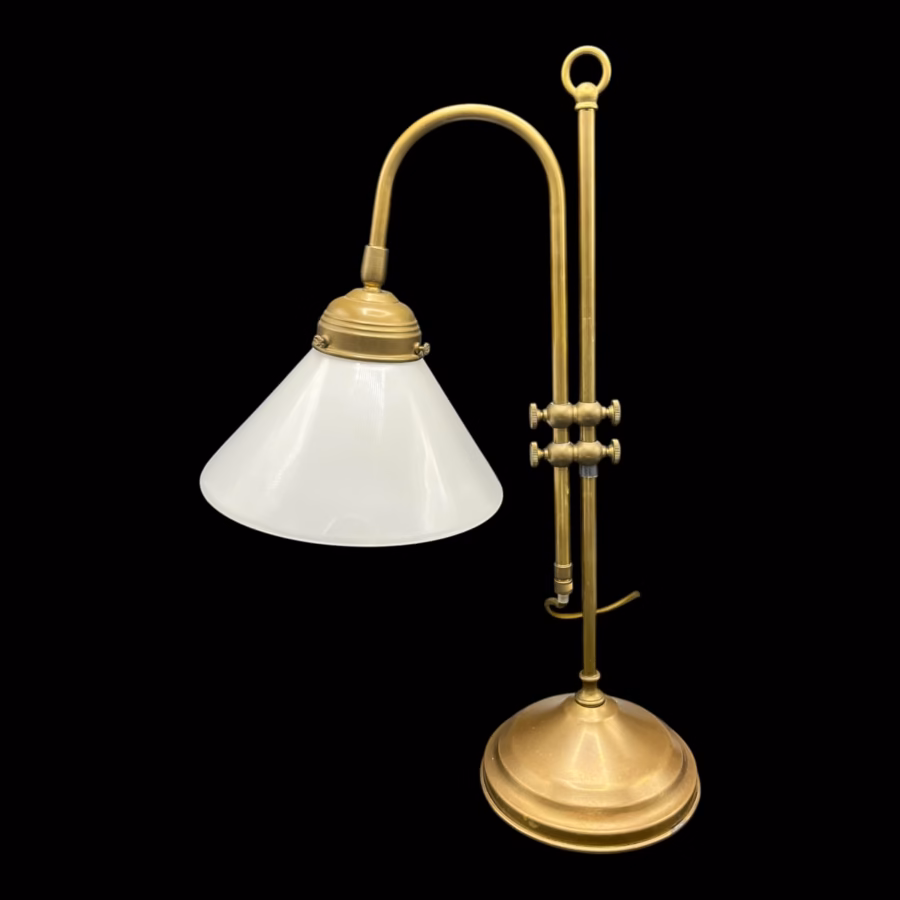 Lampă de birou vintage reglabilă din alamă cu abajur din sticlă opalină