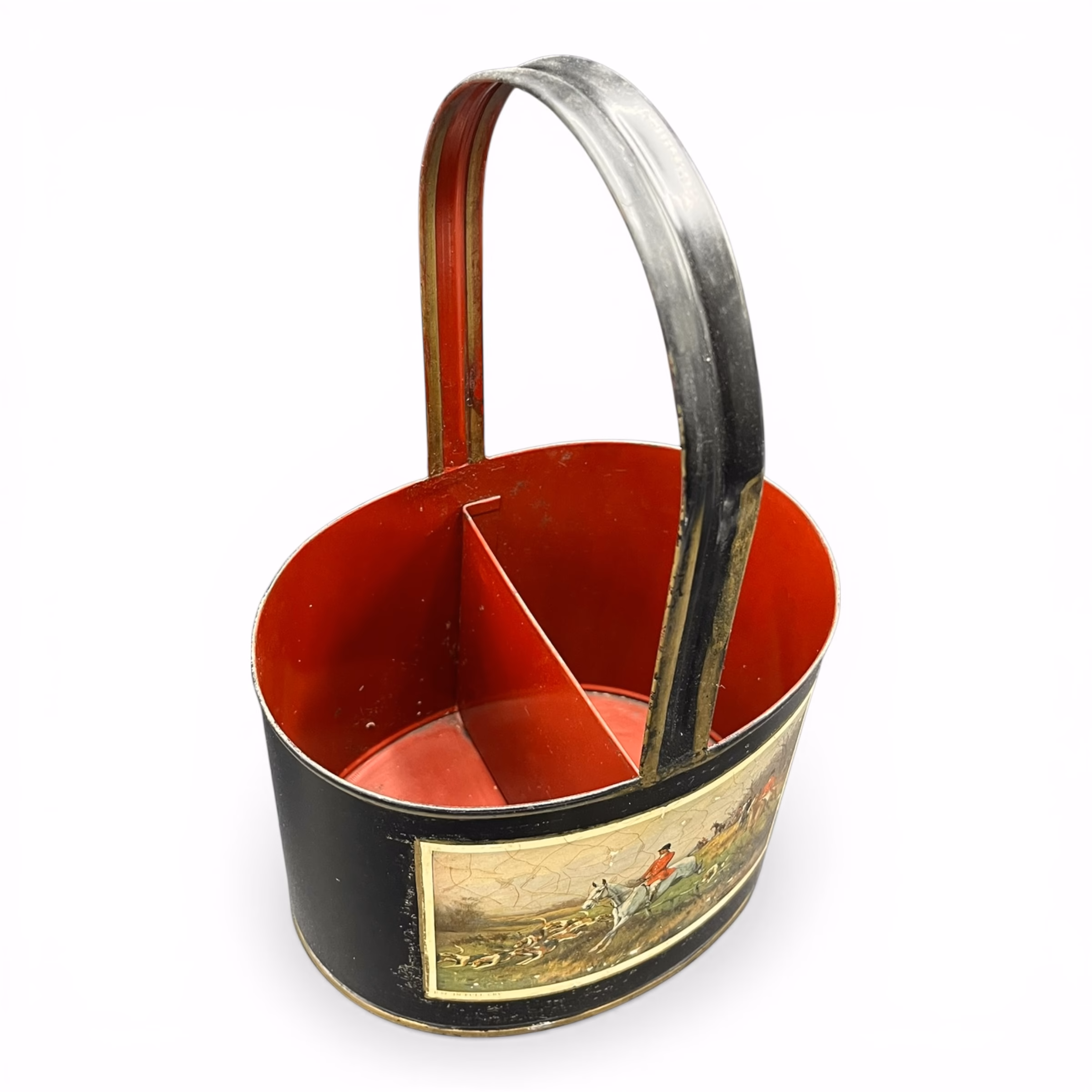Coș vintage din tablă litografiată cu scenă de vânătoare – „In Full Cry”, Anglia Covoare Magazin de mobila decoratiuni si corpuri de iluminat vintage Coș vintage din tablă litografiată cu scenă de vânătoare – „In Full Cry”, Anglia Covoare